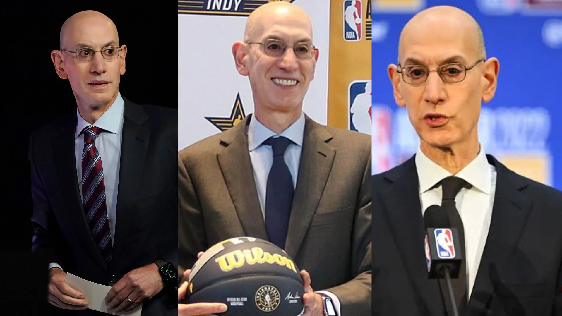 adam silver shown in three nba event photos wearing a suit and speaking publicly