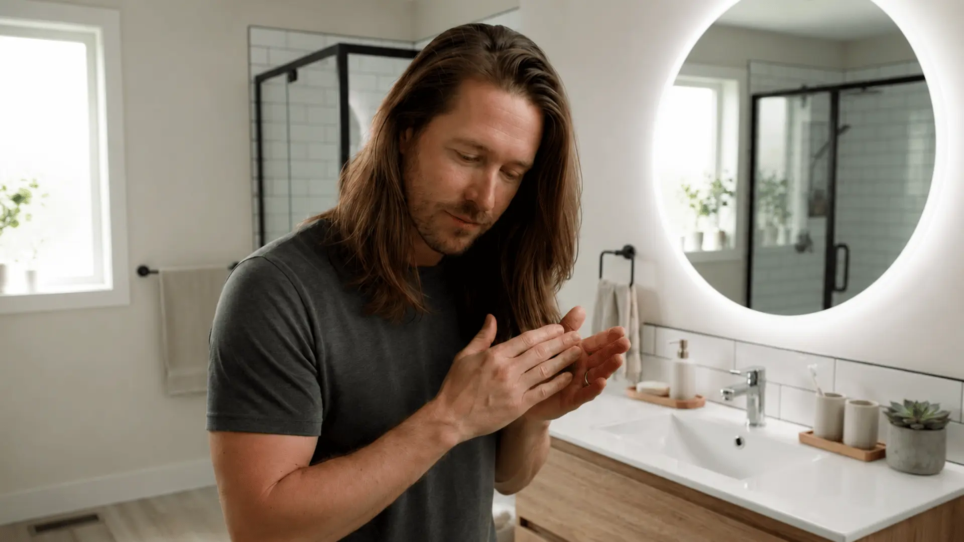 man rubbing hair product between his palms while his long hair hangs over one shoulder in a bright bathroom