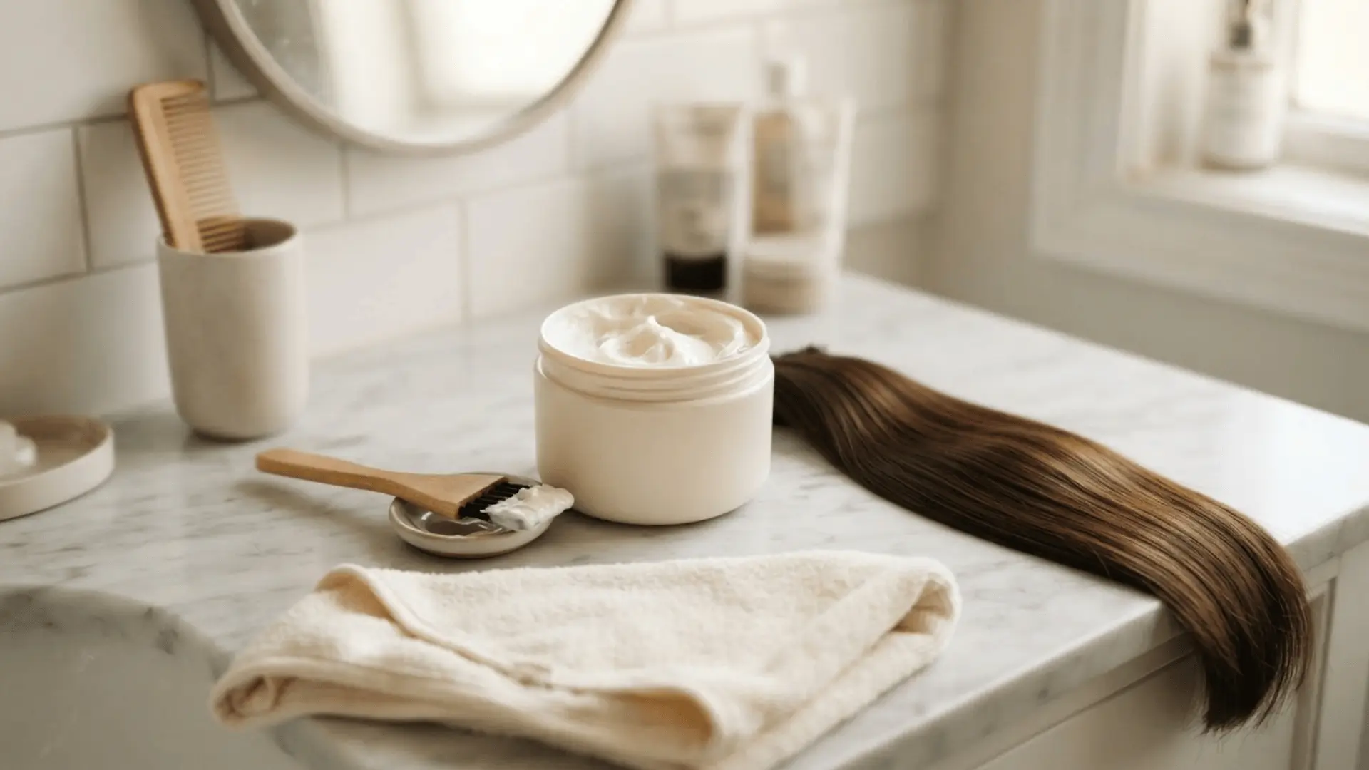 open jar of hair cream with an applicator brush folded towel and long brown hair extension on a bathroom counter