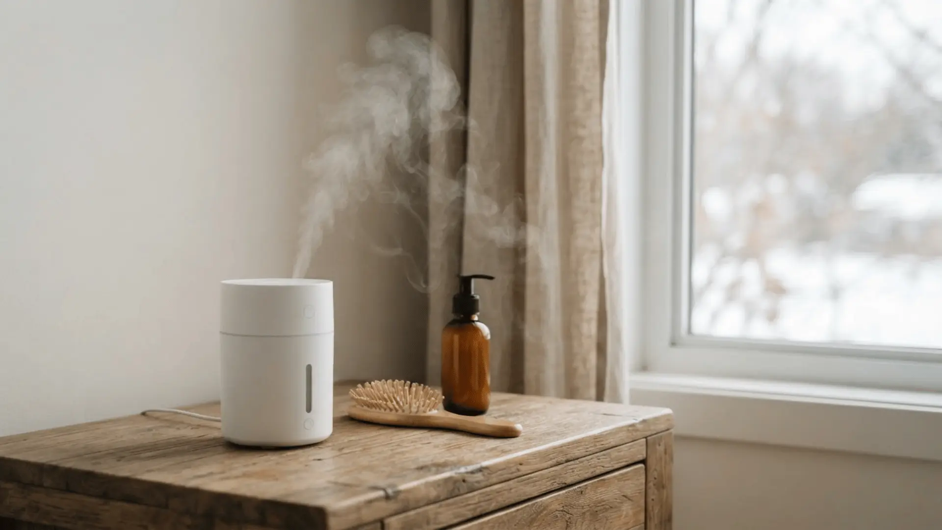 white humidifier releasing mist beside a wooden hairbrush and amber bottle on a rustic dresser near a snowy window