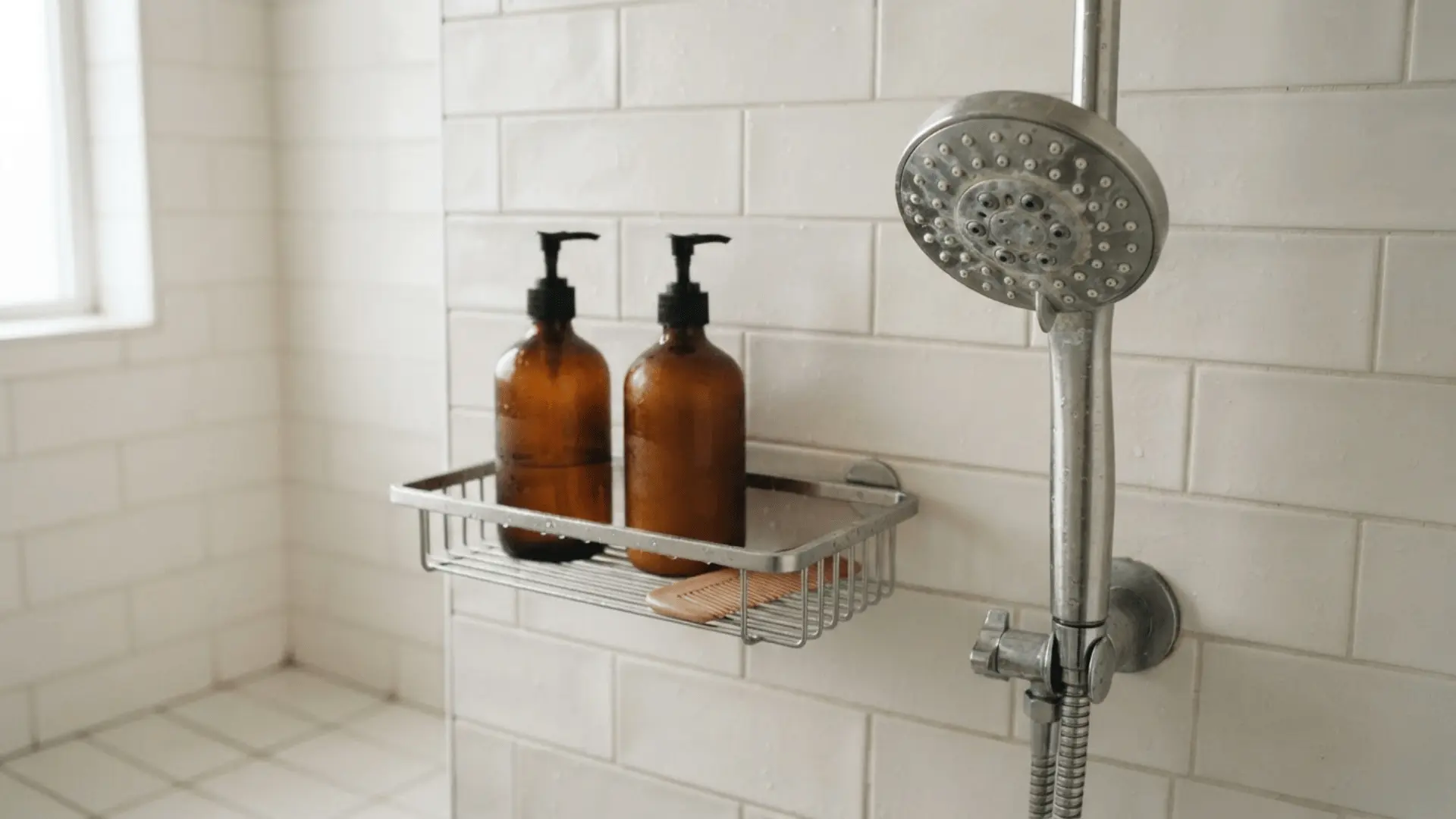 two amber pump bottles and a wooden comb resting in a shower caddy beside a handheld shower head on white tiles