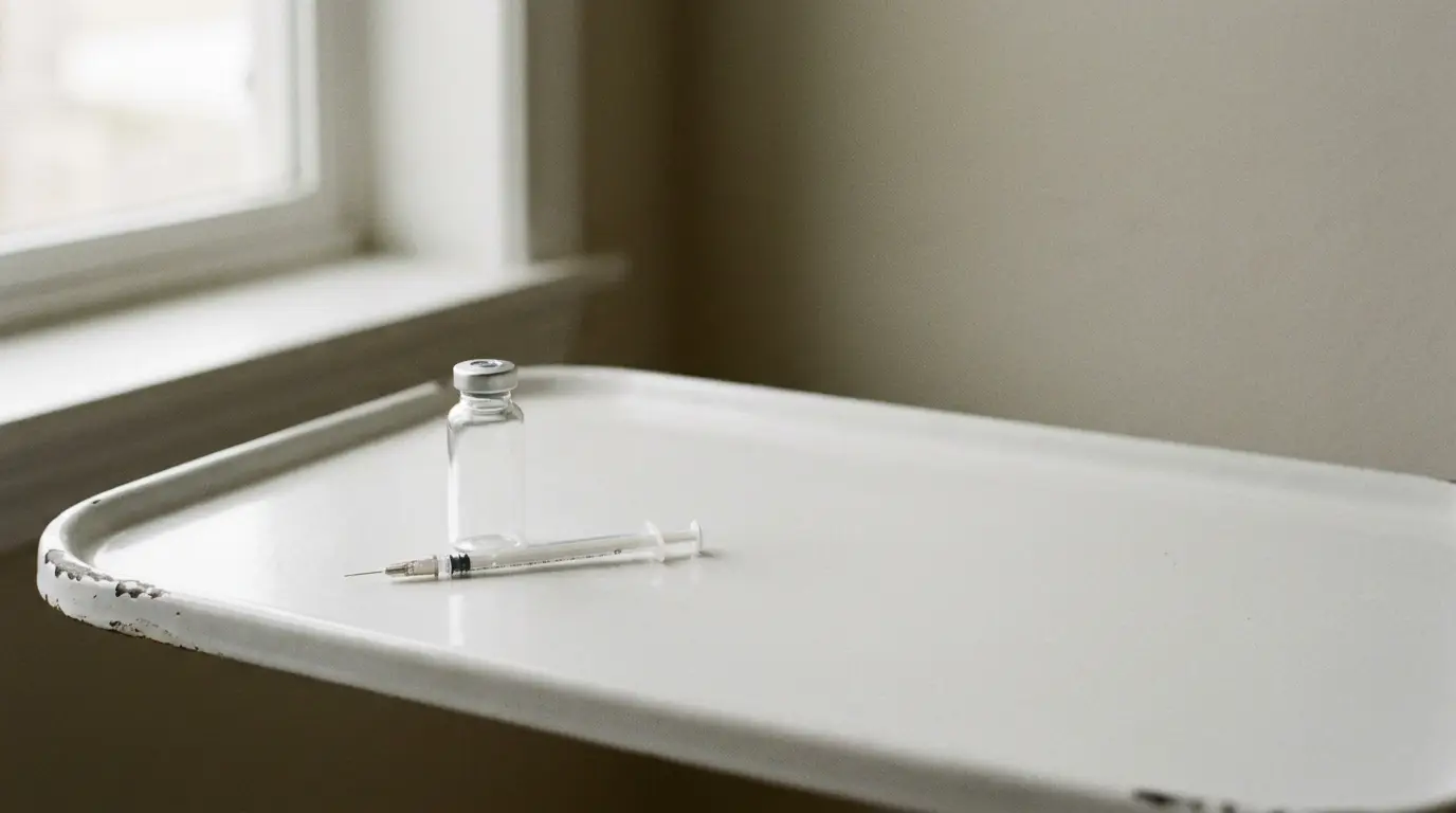 Vial and syringe on white metal tray by window in soft natural light