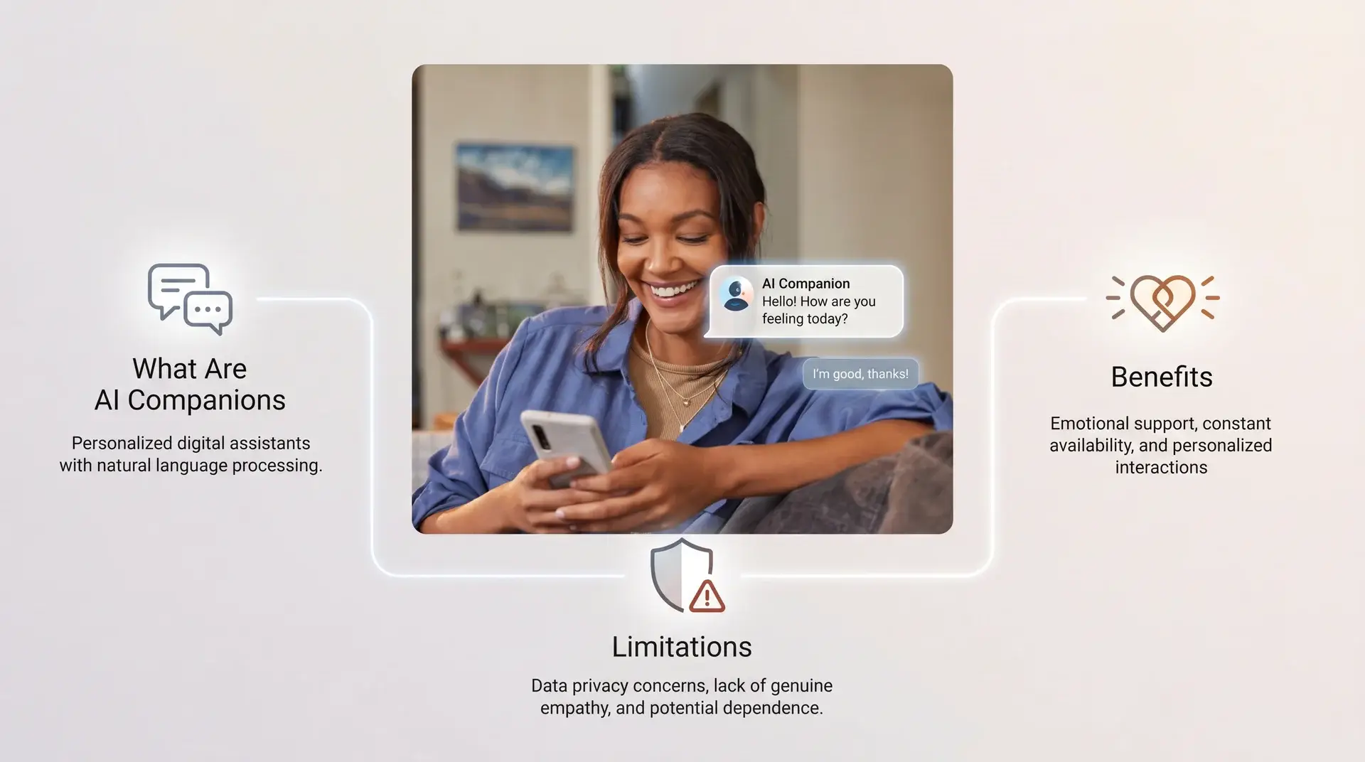 Smiling woman using smartphone in a living room chatting with AI companion