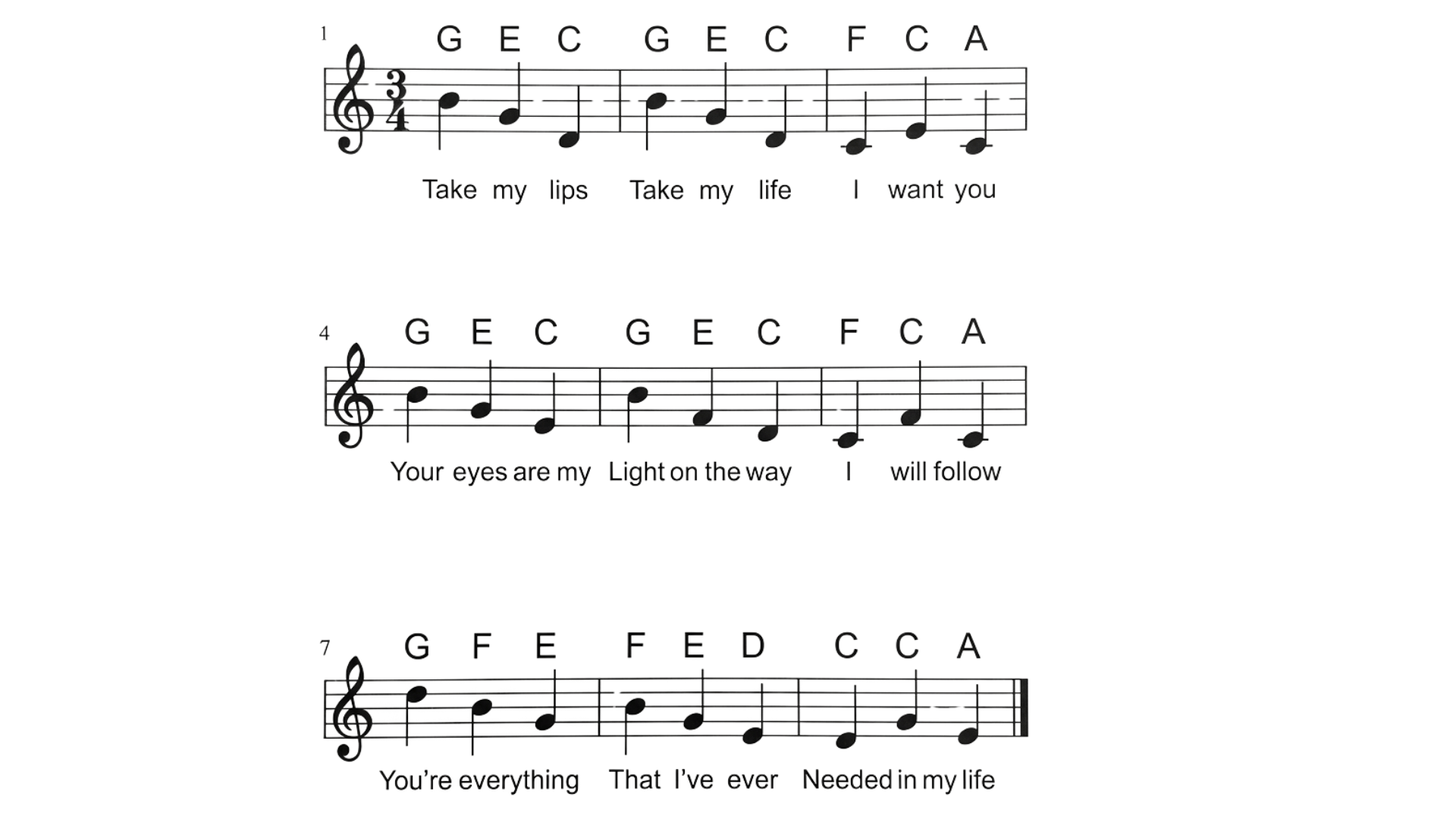 Simplified piano sheet music with beginner notation, note labels above the staff, and lyrics underneath.