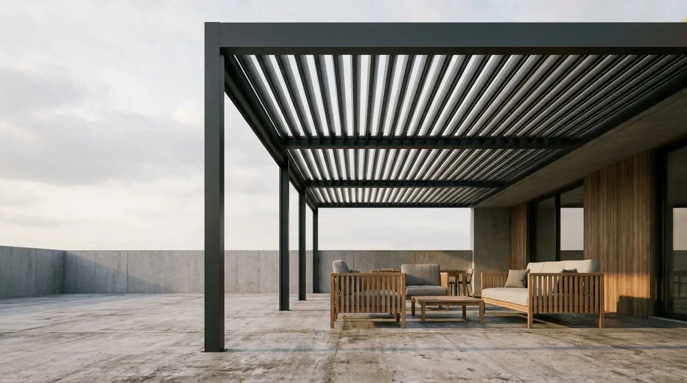 Modern wooden patio furniture under minimalist pergola on rooftop terrace with concrete flooring