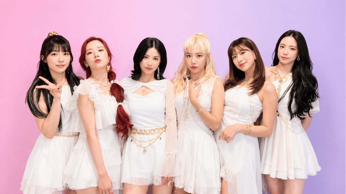 apinkmembers posing in elegant white outfits on a pastel pink background