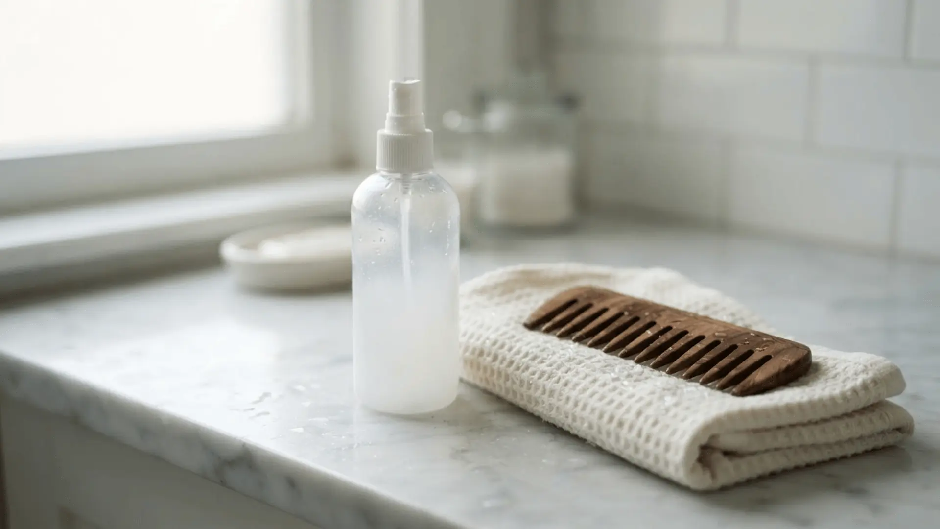 clear spray bottle and wooden comb resting on folded towels on a bright bathroom counter near a window