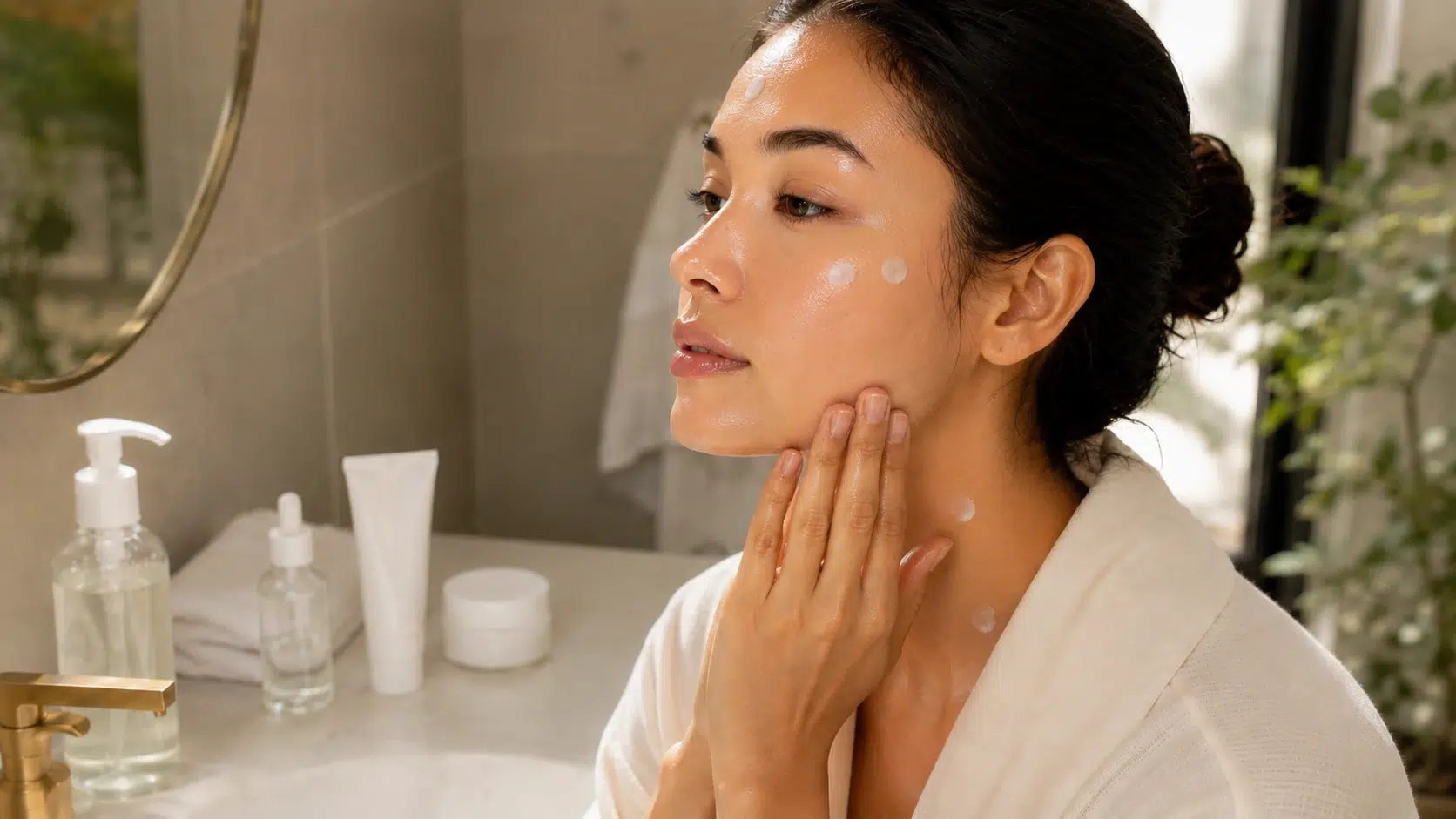 applying sunscreen as the final morning skincare step