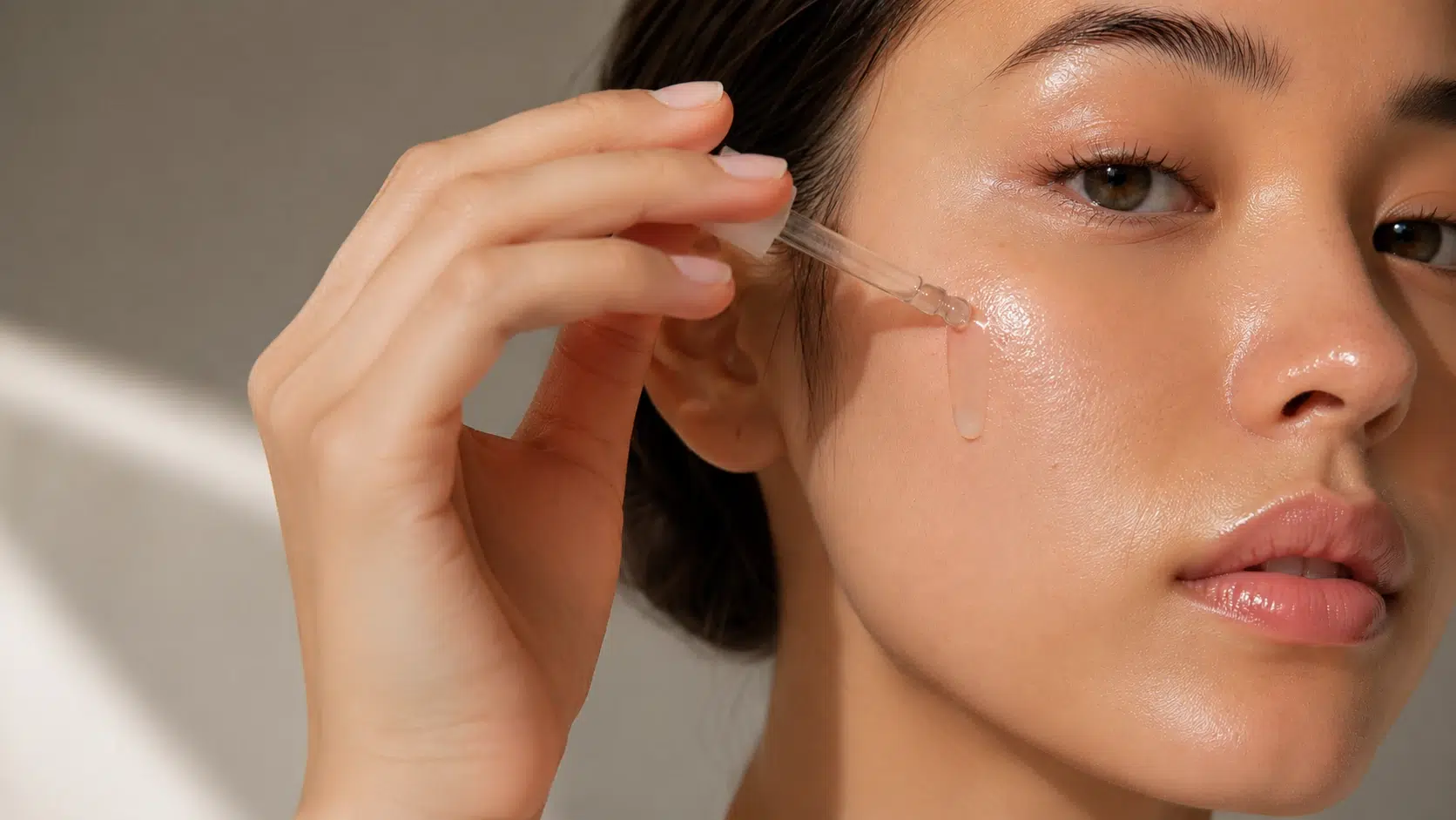 woman applying lightweight serum to oily skin with a glass dropper in soft natural morning light