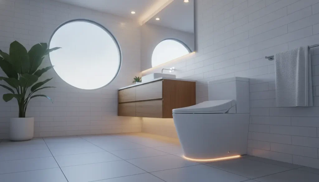 Modern bathroom with floating wood vanity, circular mirrors, large potted plant, and sleek toilet
