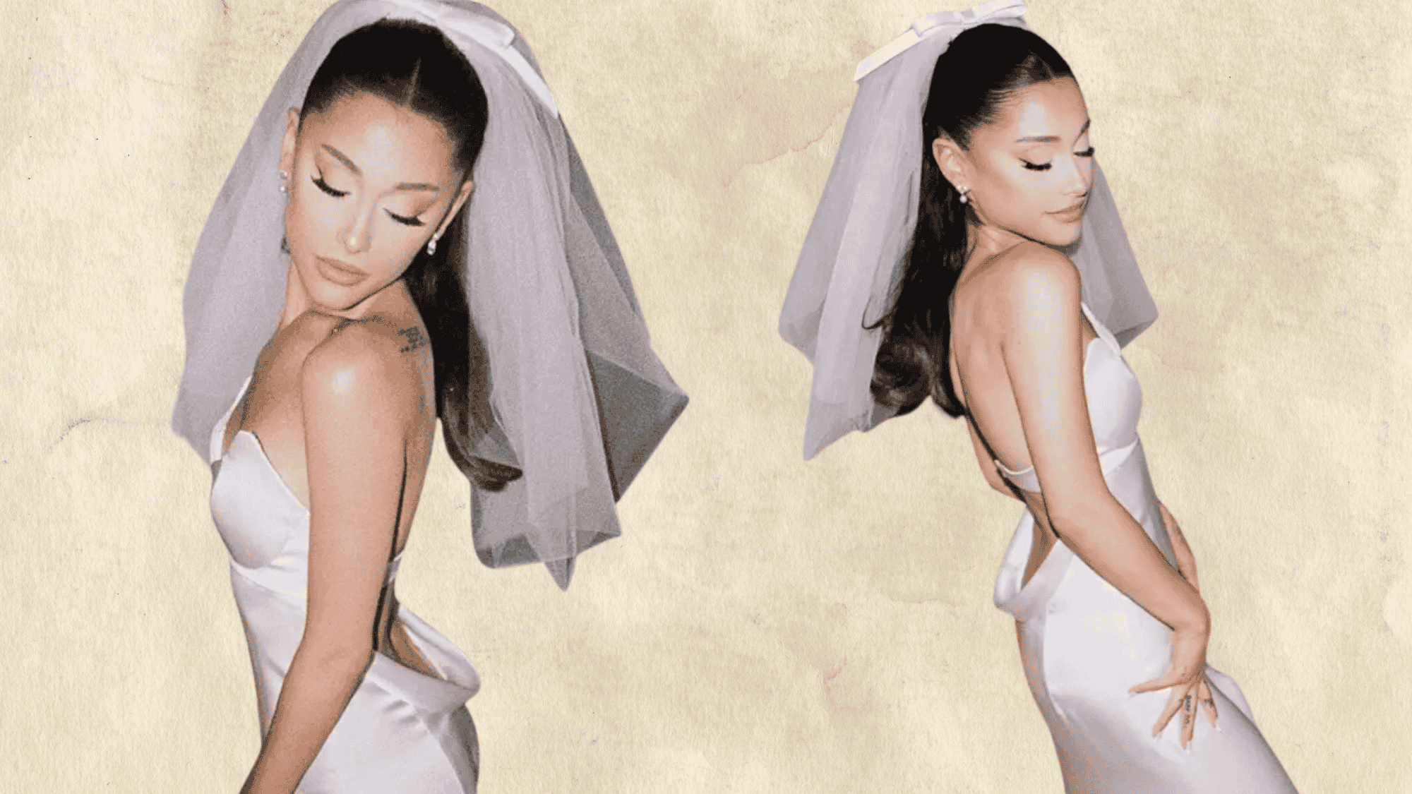 Two photos showing Ariana Grande’s custom Vera Wang wedding dress and signature high ponytail look for her intimate home marriage ceremony.