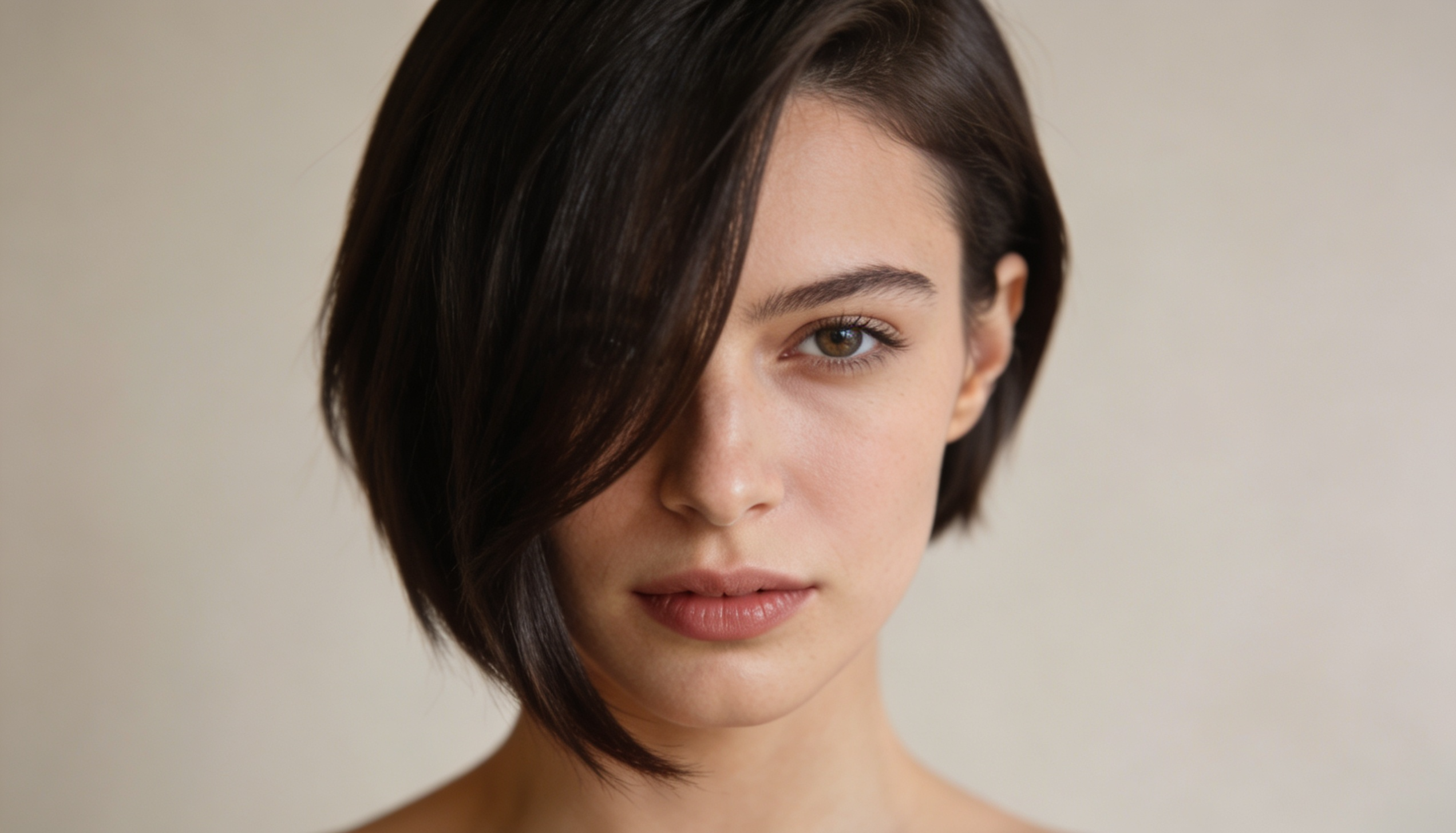 a sharp asymmetrical bob haircut, one side longer than the other, creating a modern and balanced look for heart-shaped faces.