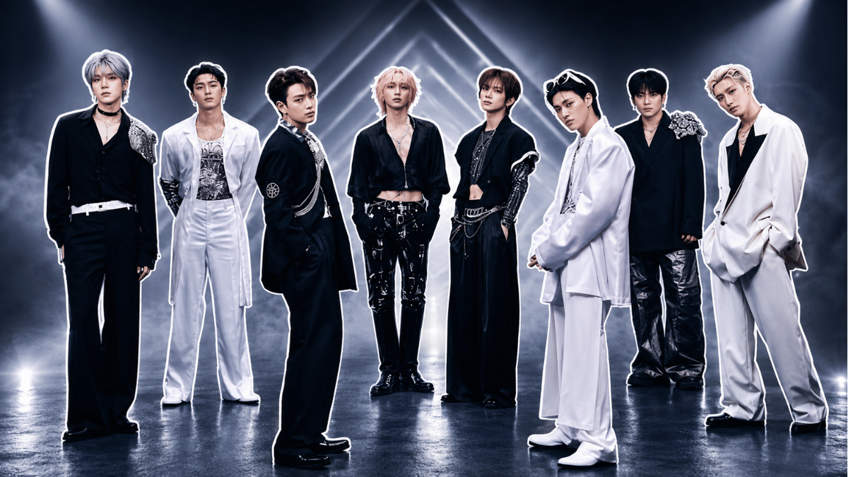 ATEEZ members posing in black and white outfits on a dramatic stage