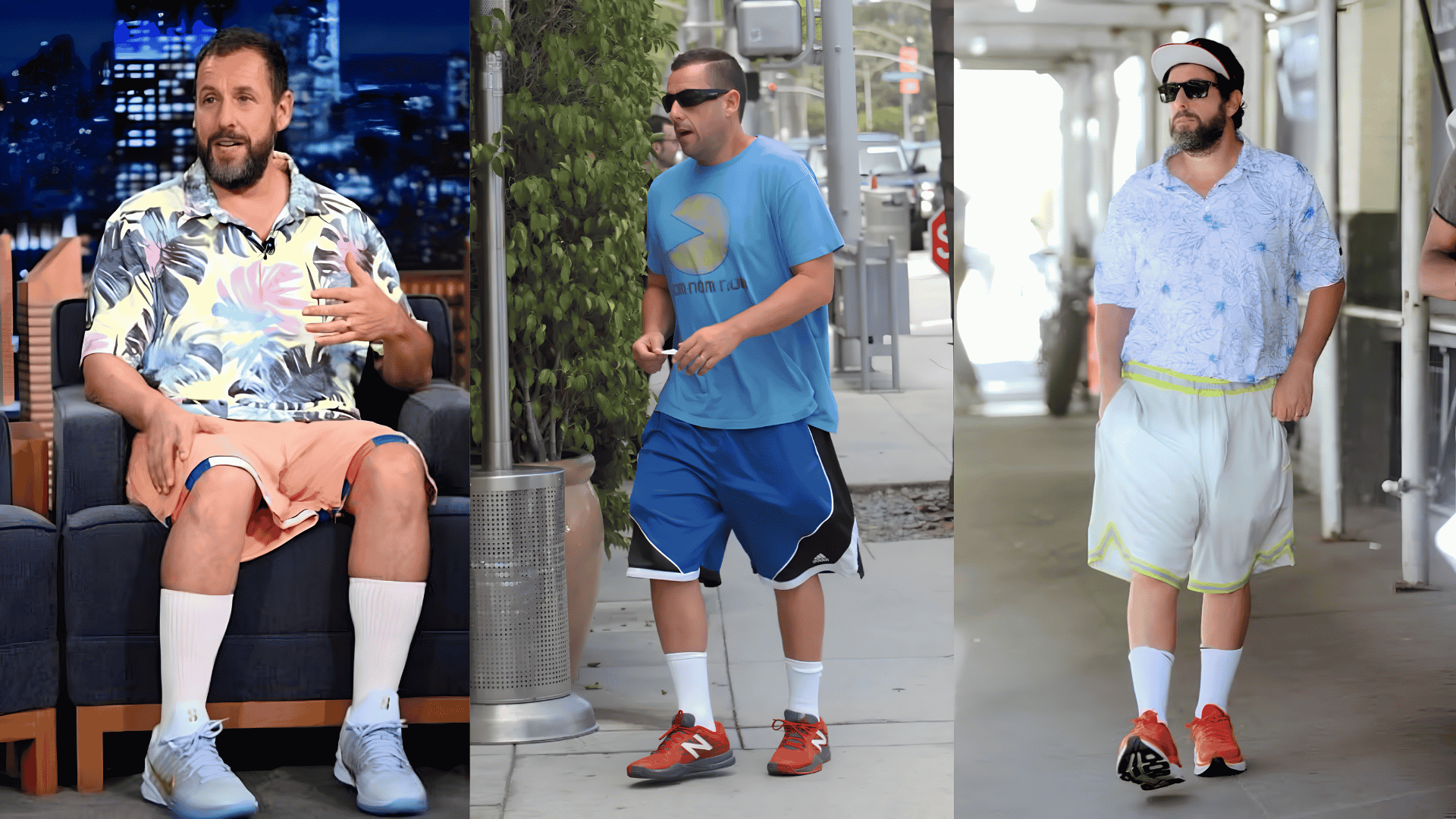 Three outfits showing pulled-up white athletic socks with colorful sneakers