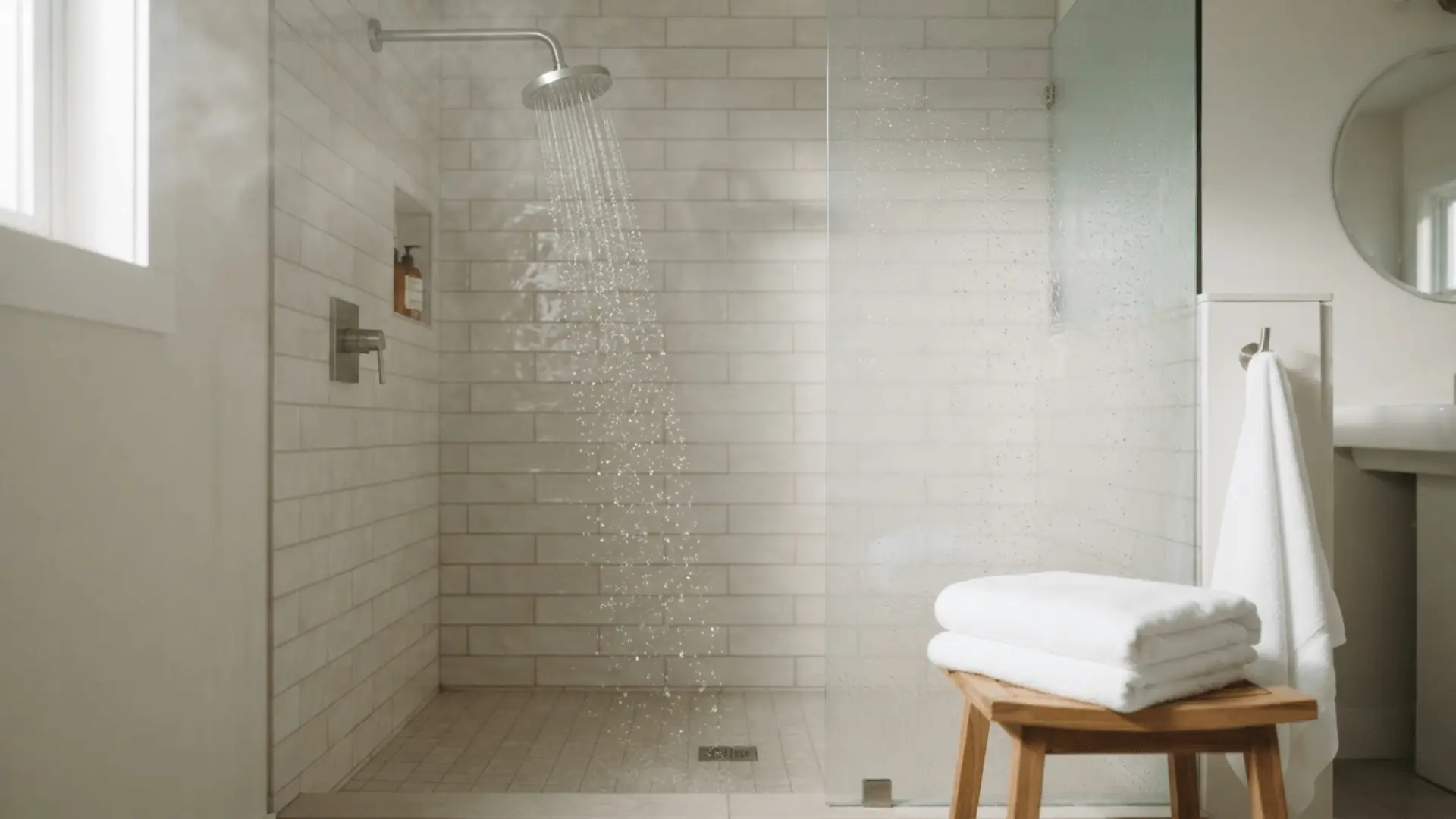 running shower behind a glass screen in a bright white tiled bathroom with folded towels on a wooden stool