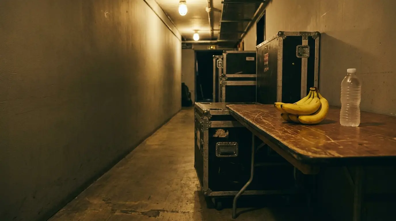 Bananas and water bottle on wooden table in dimly lit backstage corridor