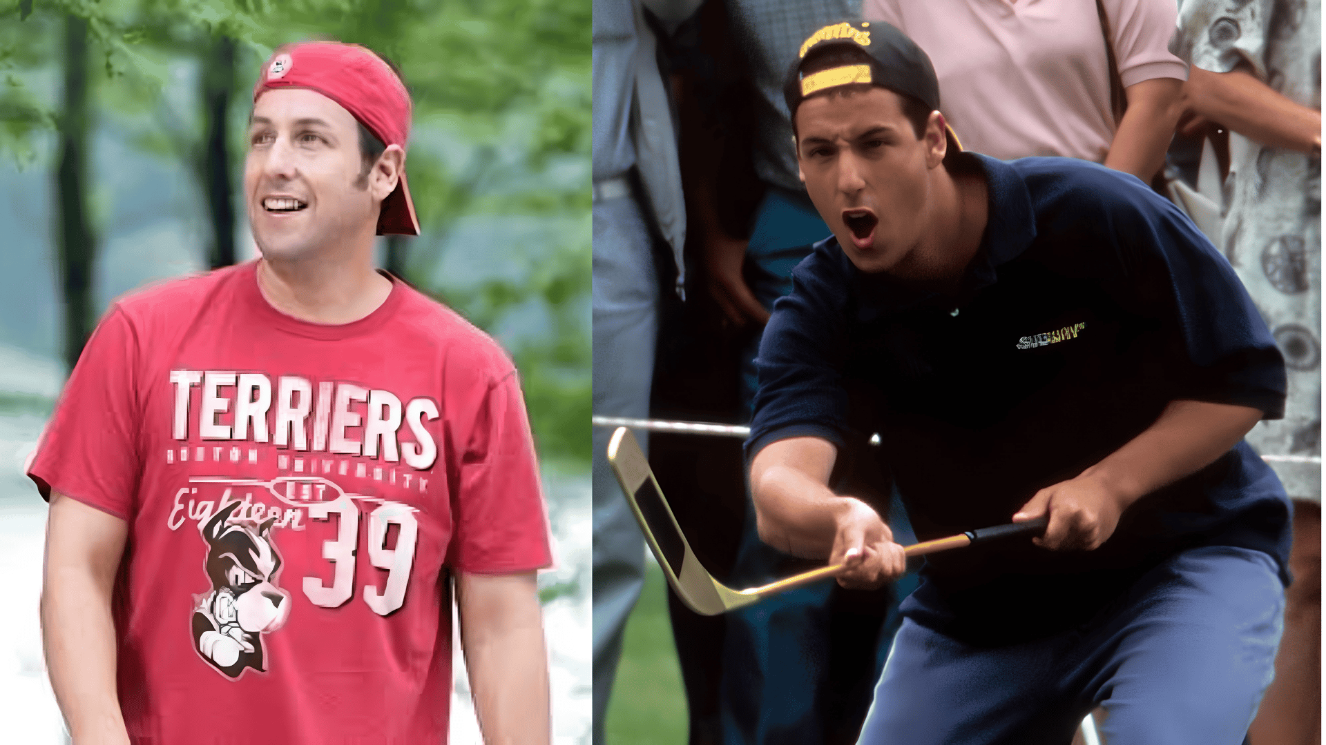Man in red Terriers tee with backwards cap and man in navy polo swinging a hockey stick