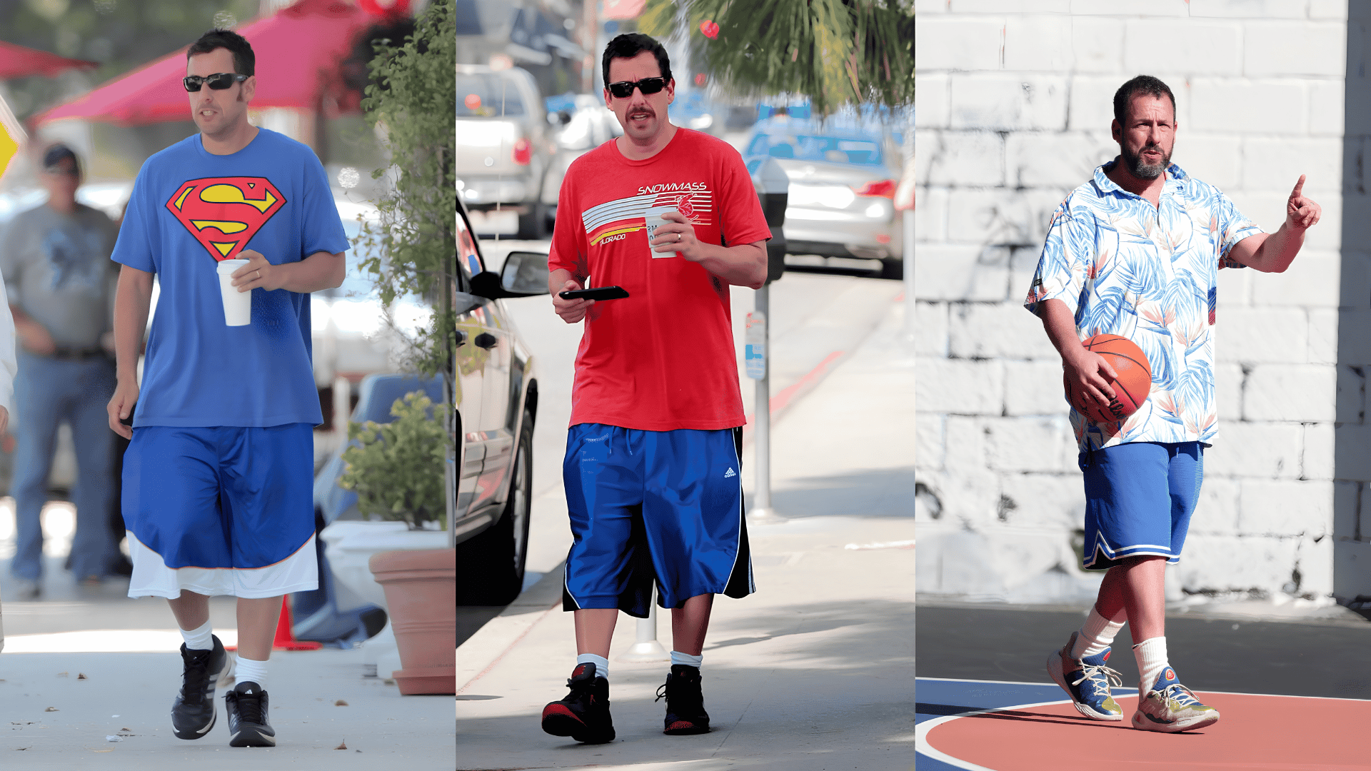 Three outfits with oversized graphic tees and baggy basketball shorts