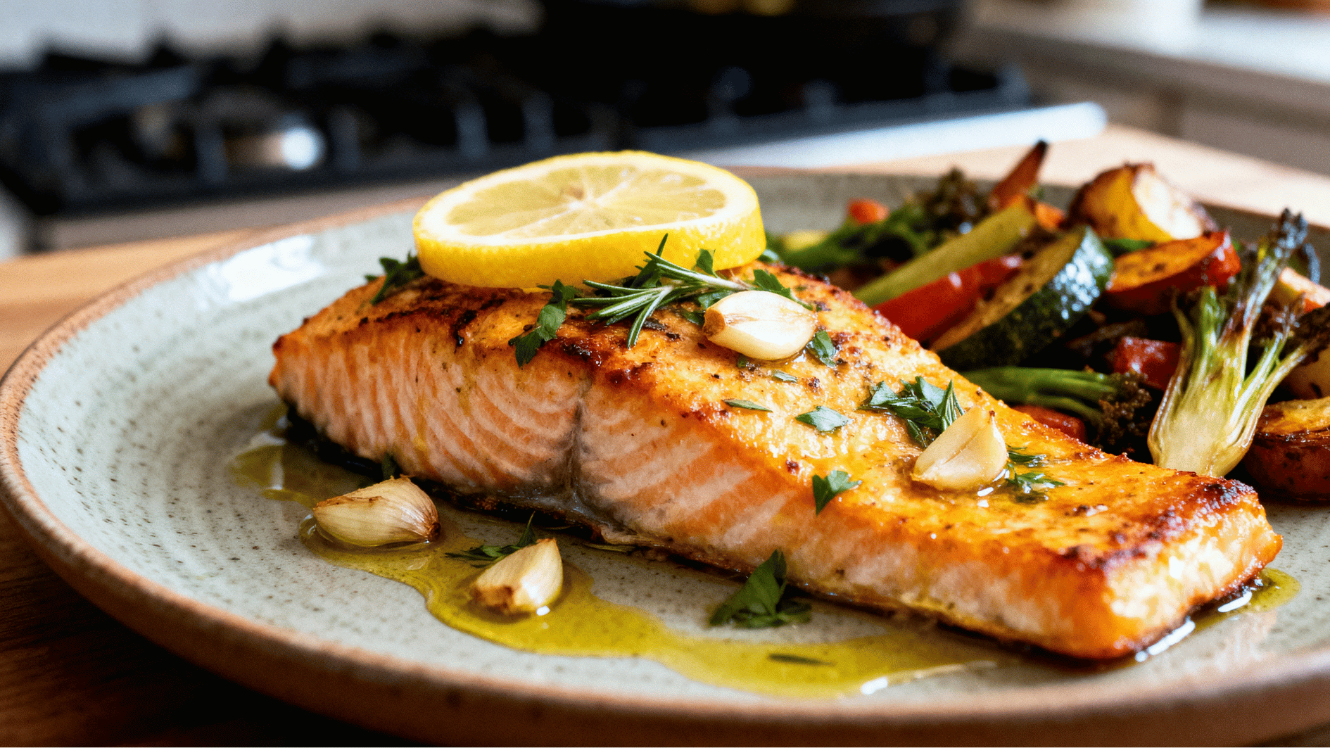 baked lemon garlic salmon fillet with herbs lemon slices and roasted vegetables served on a plate in a warm kitchen setting