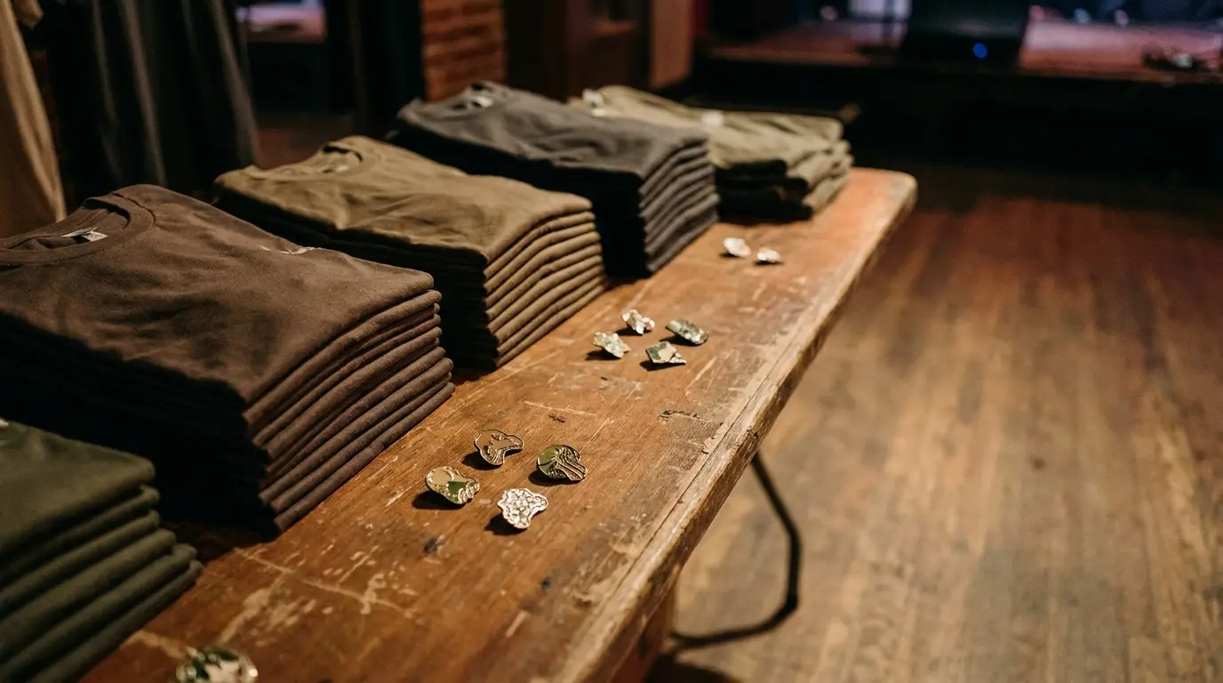 Folded brown and green t-shirts neatly stacked on wooden table in dimly lit room