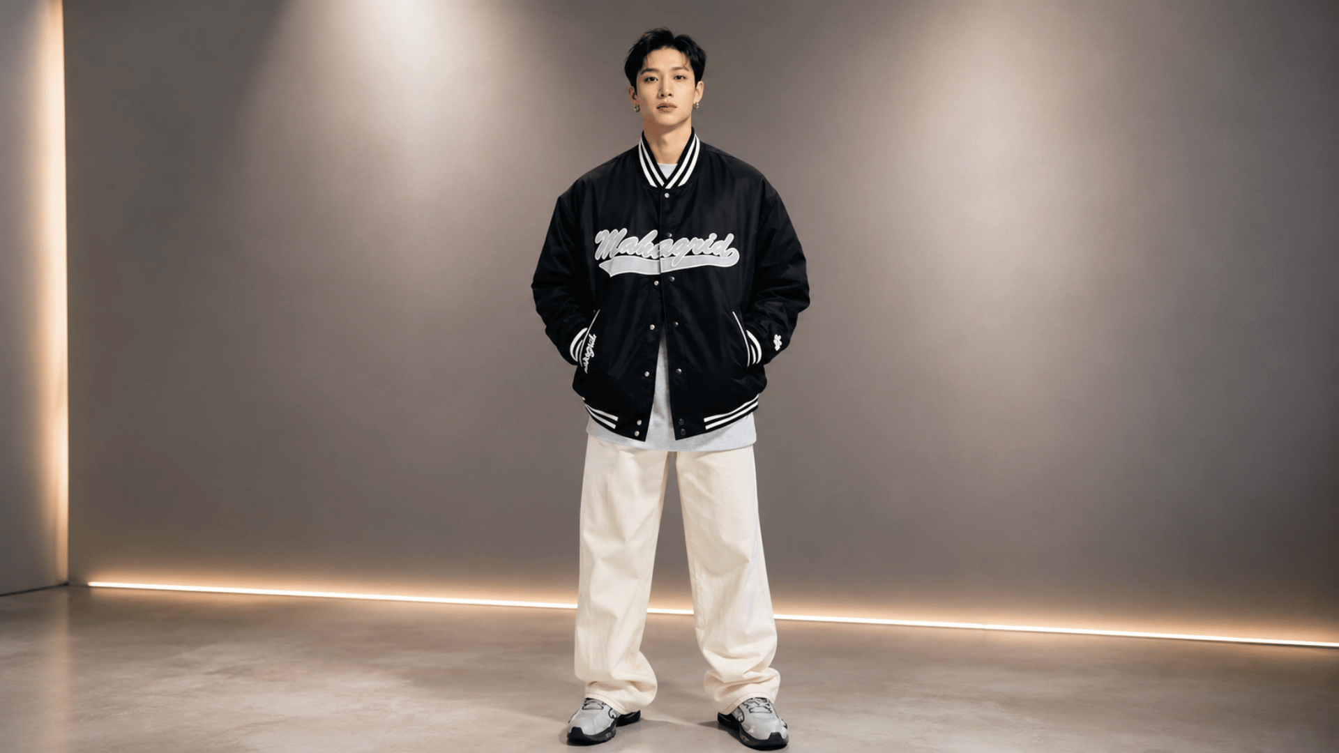 Bang Chan stands in a black varsity jacket and cream pants