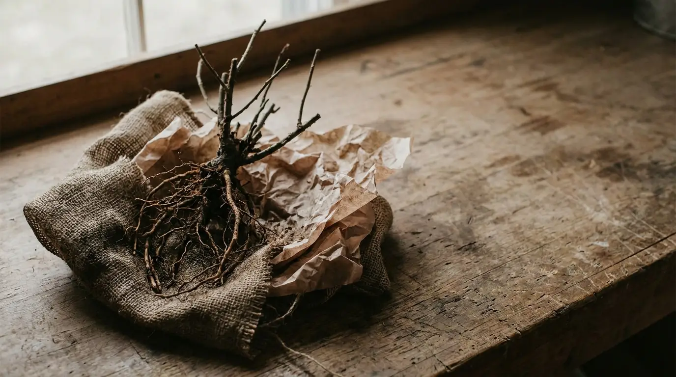 Bare tree roots wrapped in burlap and paper on rustic wooden table in soft lighting