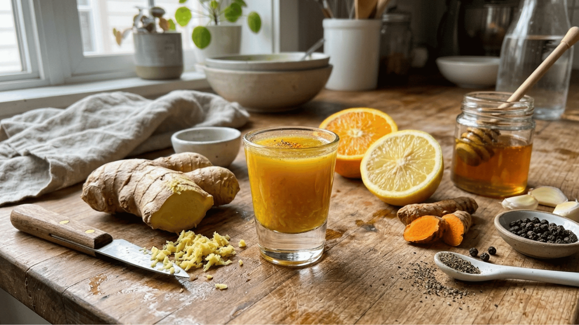a glass of bright yellow immunity shot on a wooden countertop with fresh ginger and citrus nearby