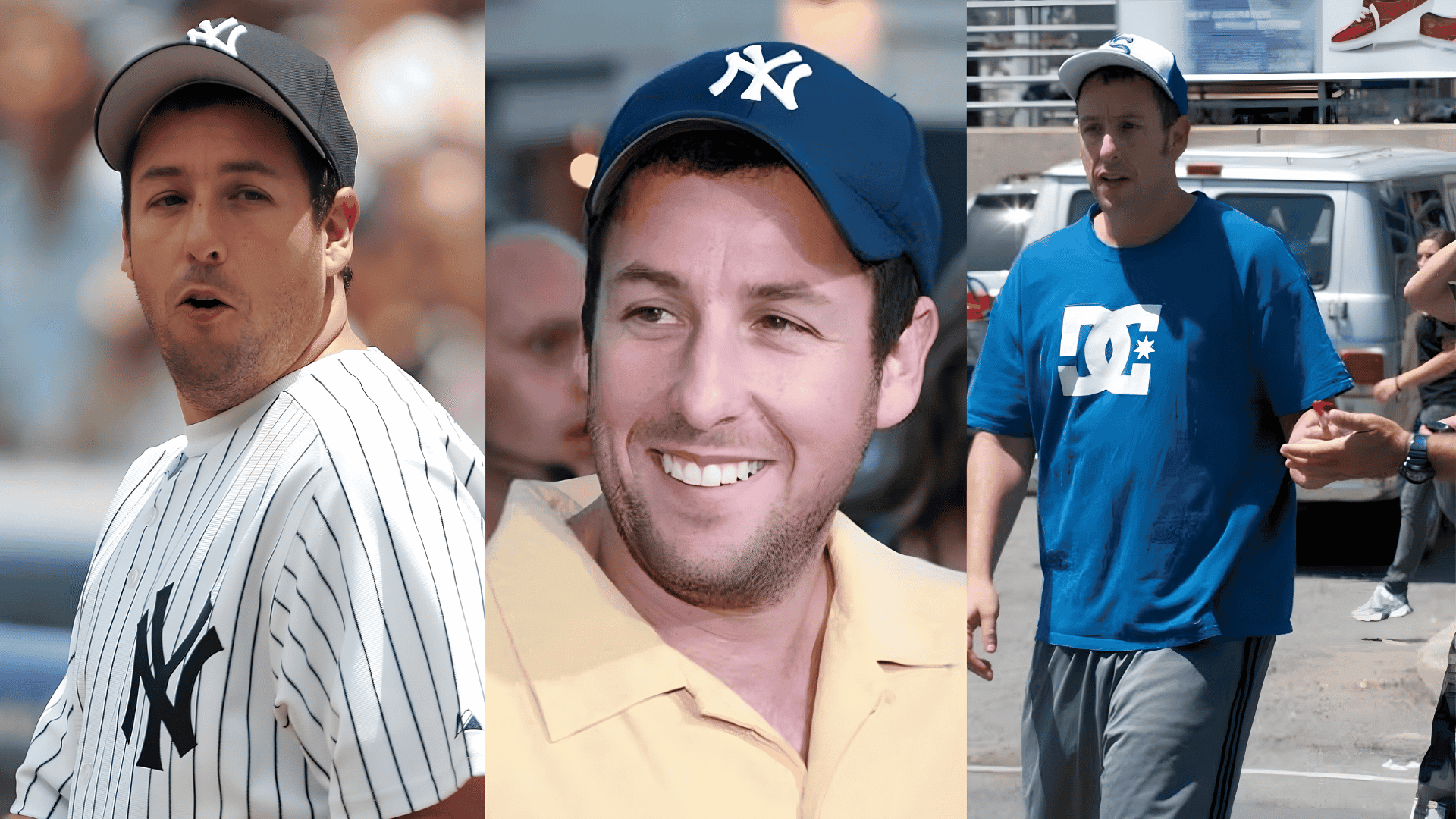 Three looks featuring forward-facing baseball caps with casual sporty outfits