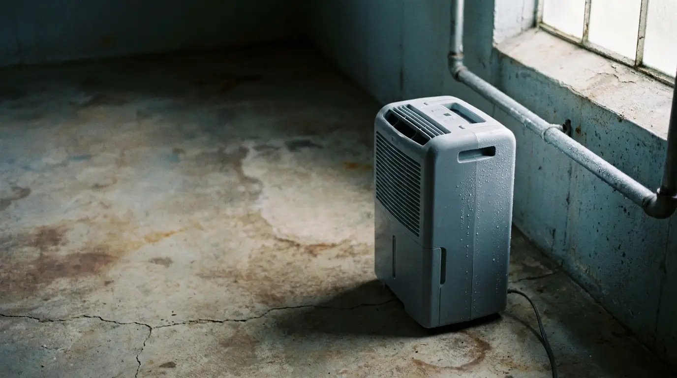 Dehumidifier on damp concrete floor near window in dimly lit basement setting