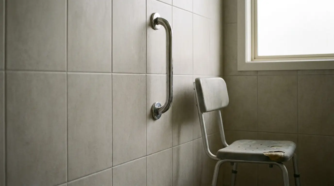 Bathroom with metal grab bar and worn chair against tiled wall in natural light