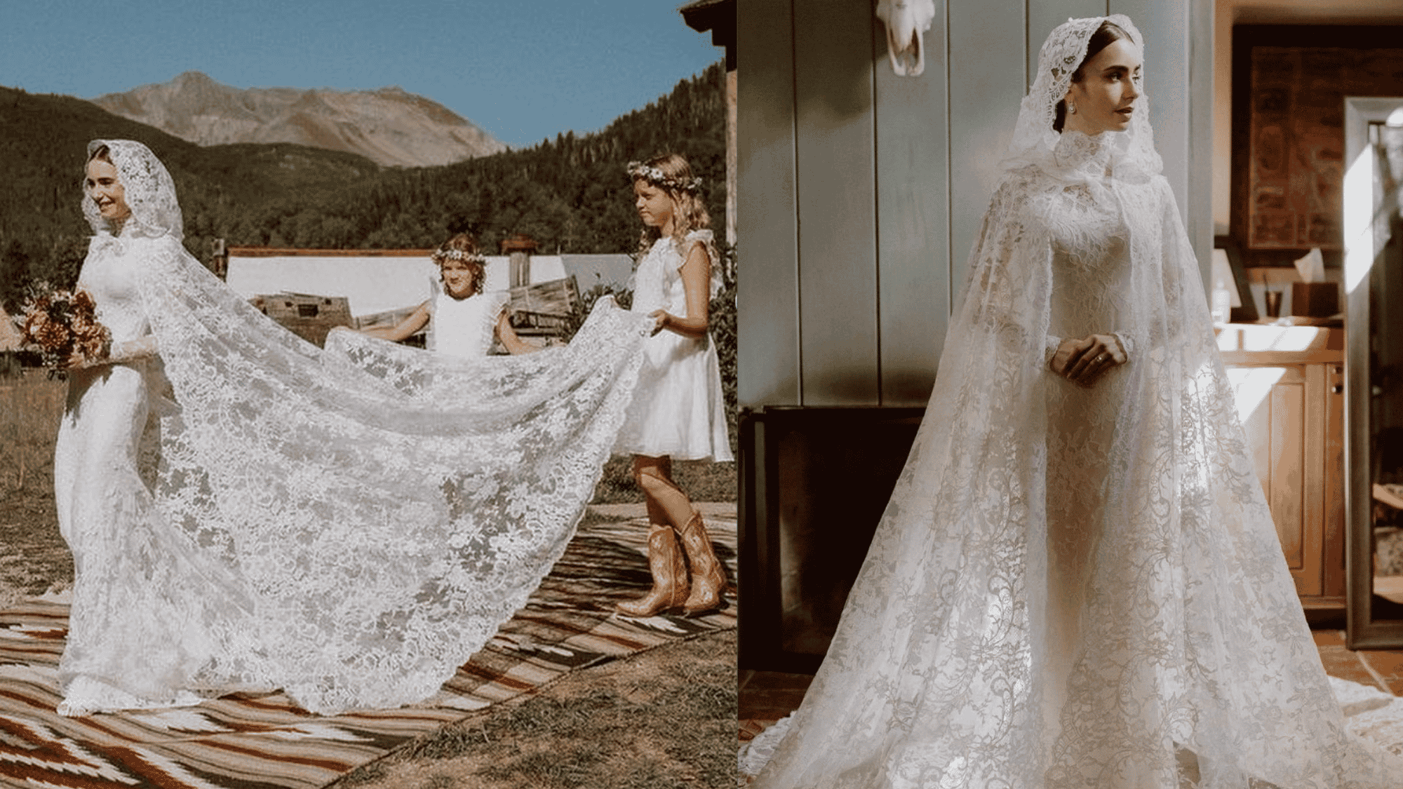 Lily Collins wears her lace hooded wedding dress during the Colorado ceremony with a flowing bridal cape.