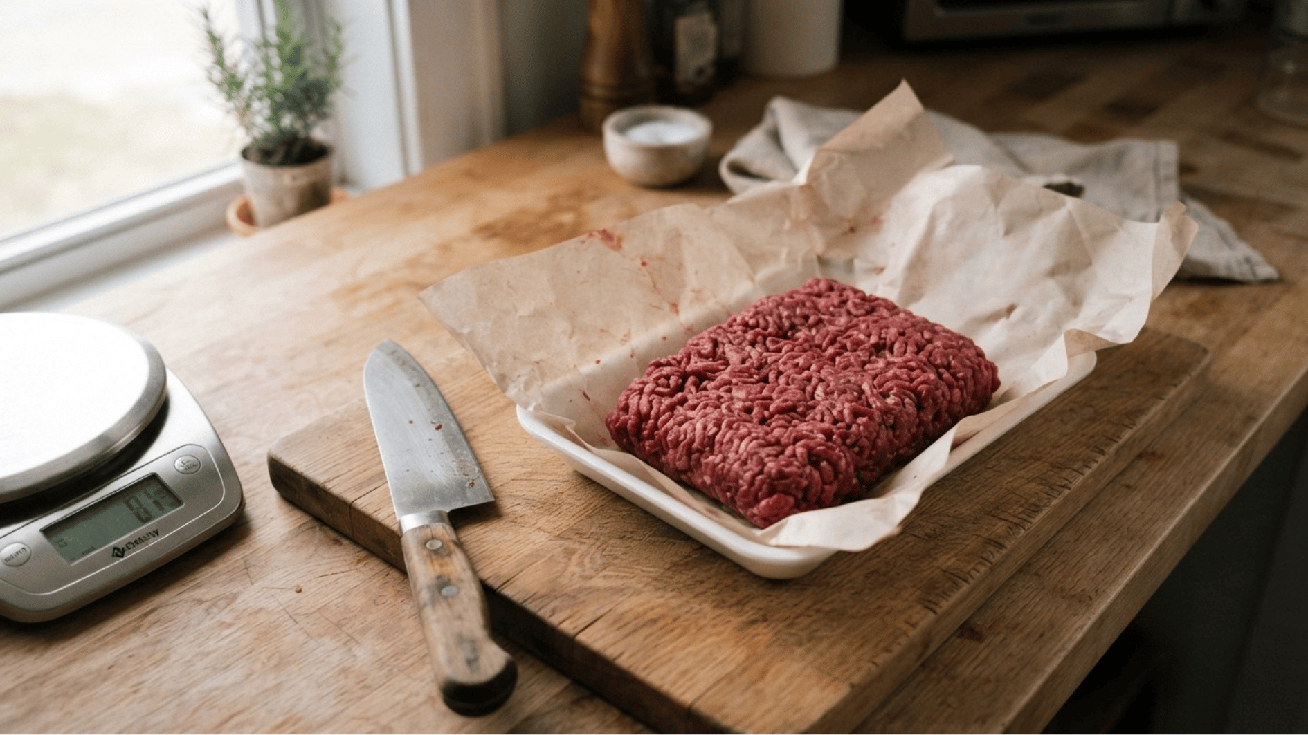 raw ground beef on butcher paper beside a kitchen scale and chef’s knife on a wooden cutting board
