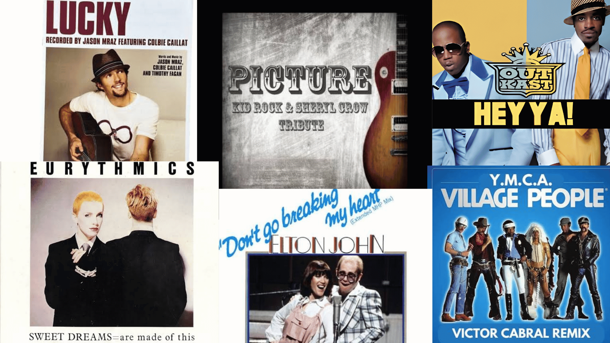 Collage of duet and group karaoke songs by Jason Mraz, OutKast, Elton John, and others.
