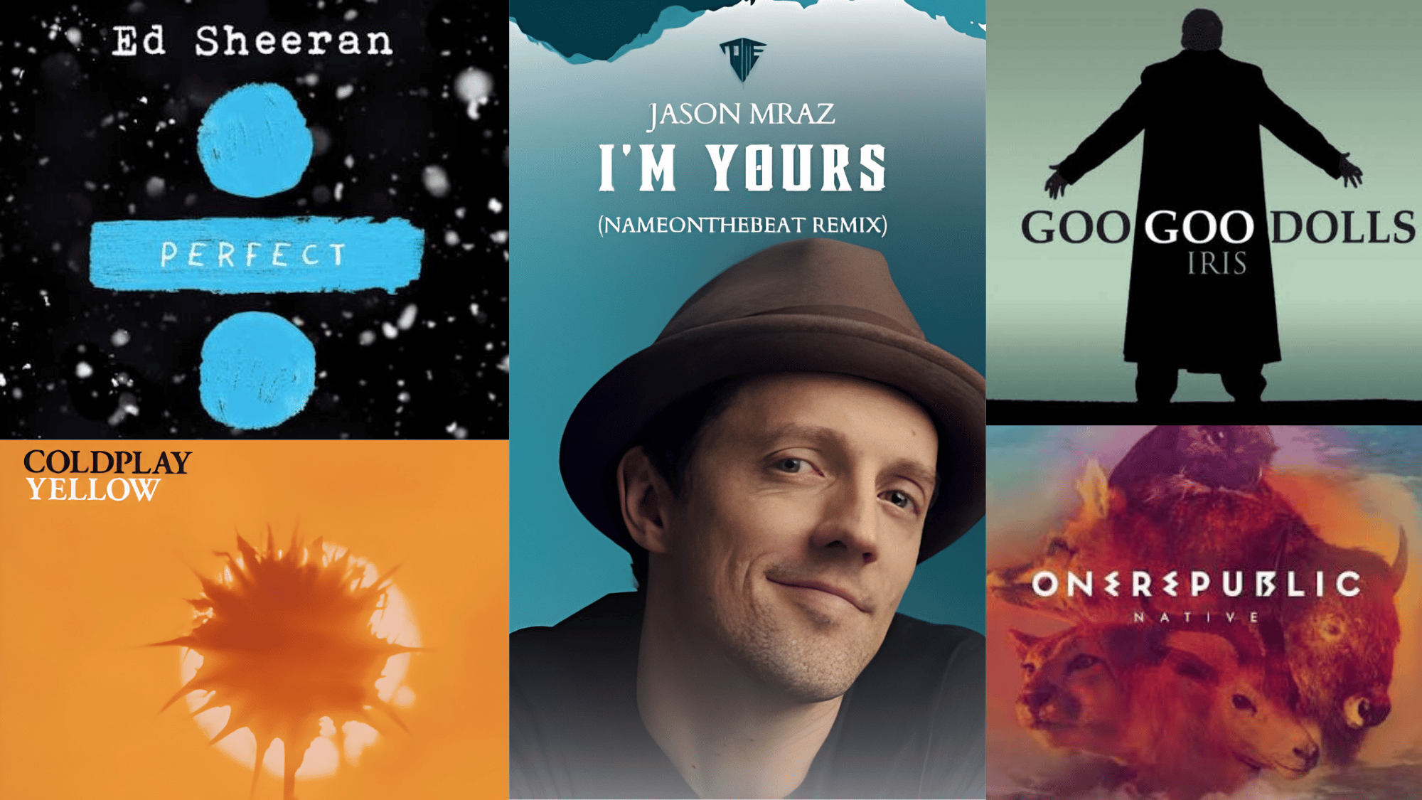Collage of easy karaoke songs by Ed Sheeran, Jason Mraz, Coldplay, and OneRepublic.