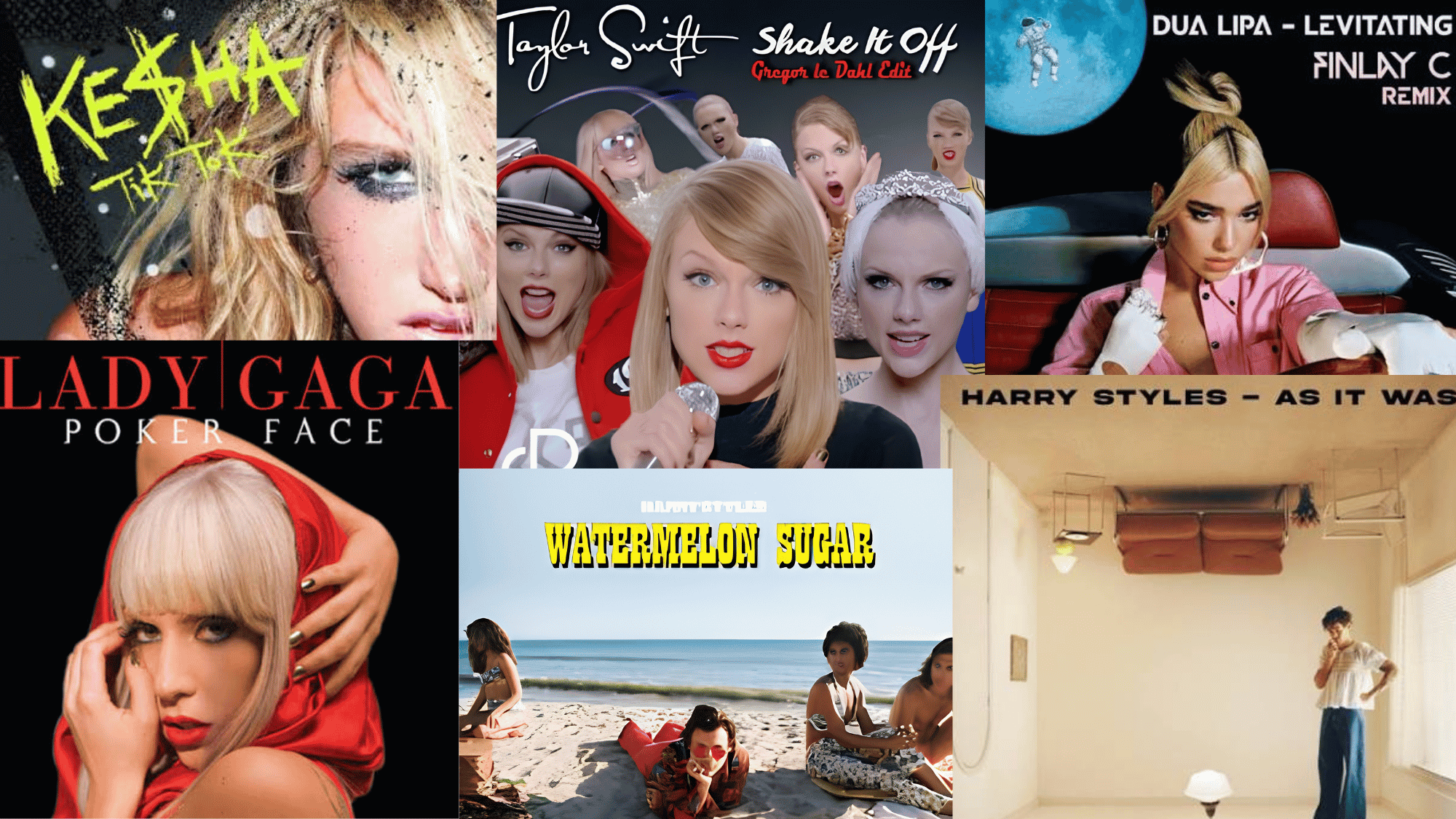 Collage of popular karaoke hits by Taylor Swift, Dua Lipa, Lady Gaga, Harry Styles, and Kesha.