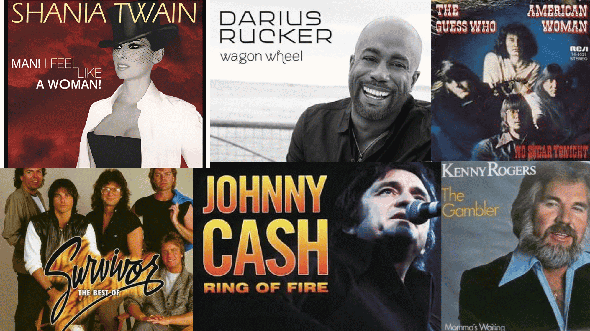 Collage of country and rock karaoke songs by Shania Twain, Johnny Cash, Survivor, and more.