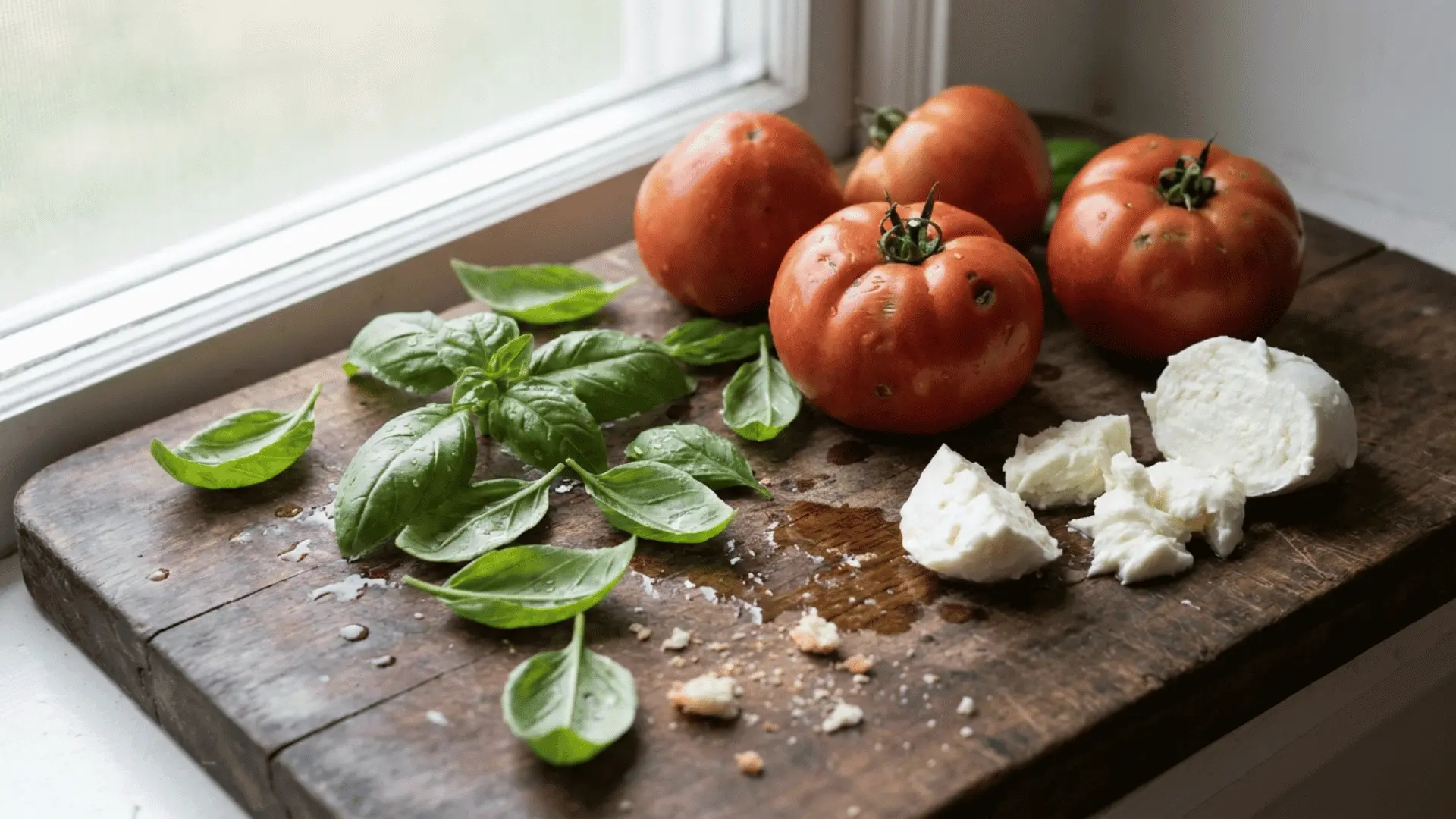 fresh basil leaves arranged next to ripe tomatoes and mozzarella on a wooden board