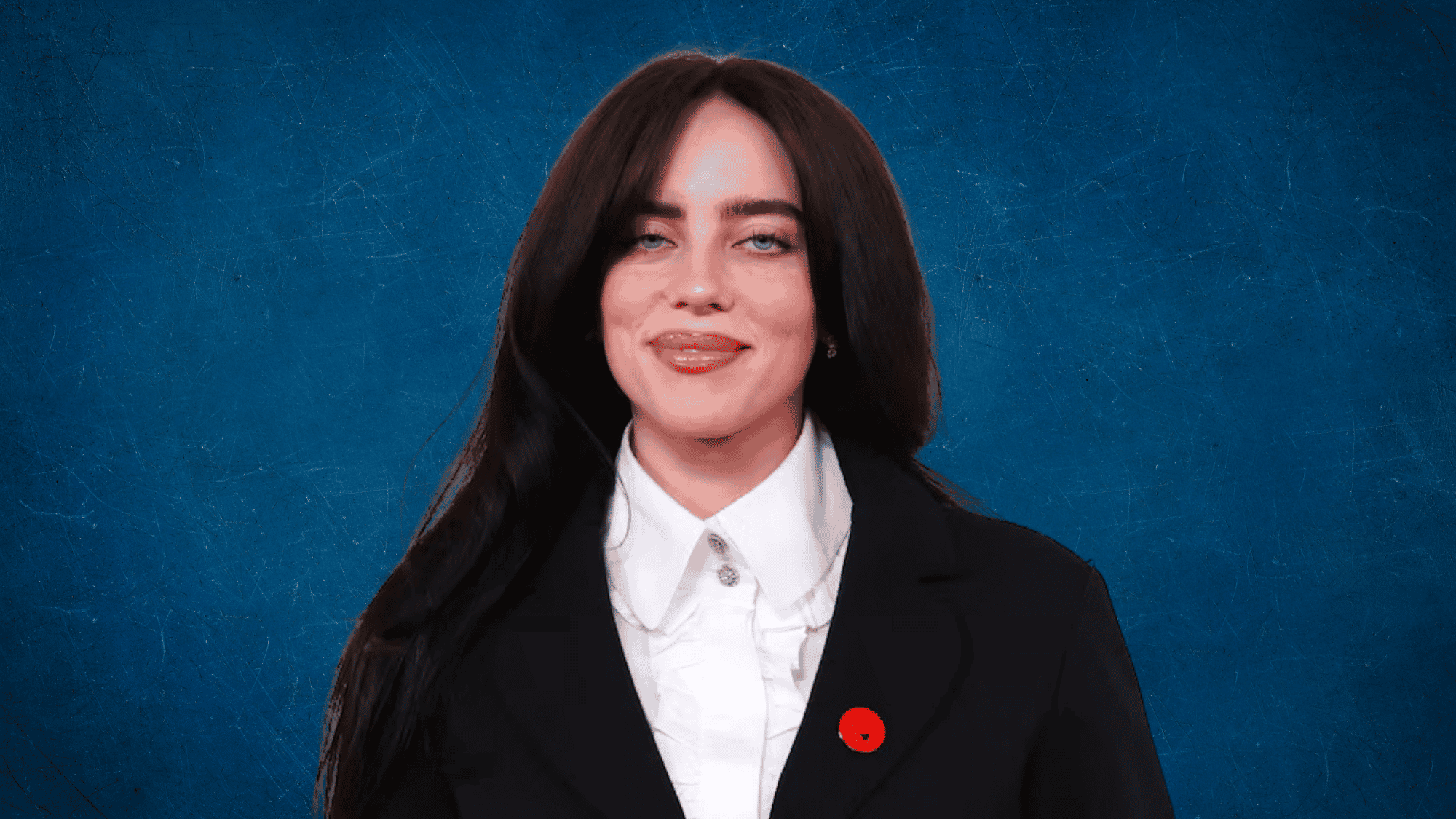Billie Eilish in a black blazer with a red poppy pin against a textured blue background