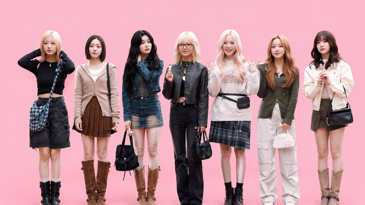 billllle members posing in casual outfits on a pastel pink background