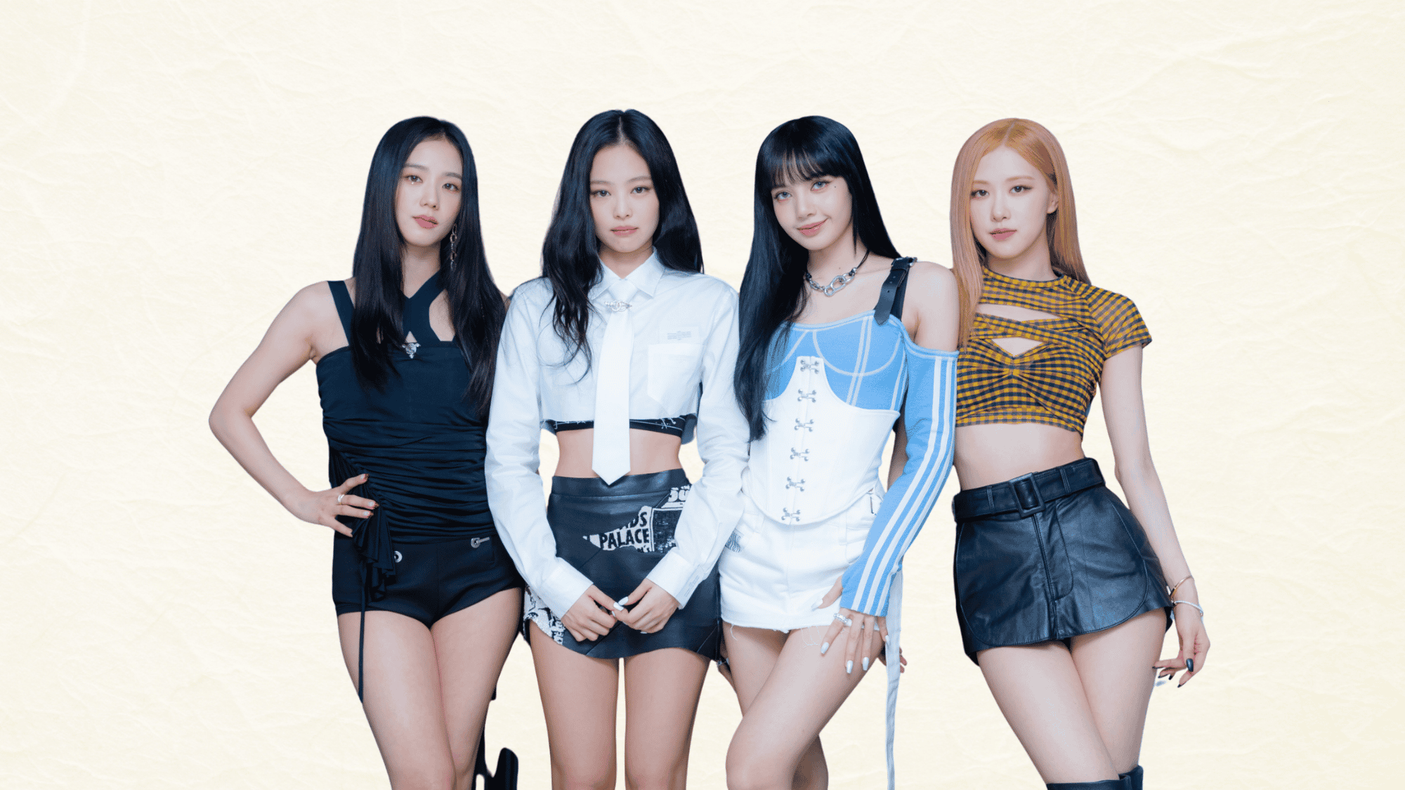 BLACKPINK members posing together in stylish outfits during an official group promotional photoshoot against a light background.