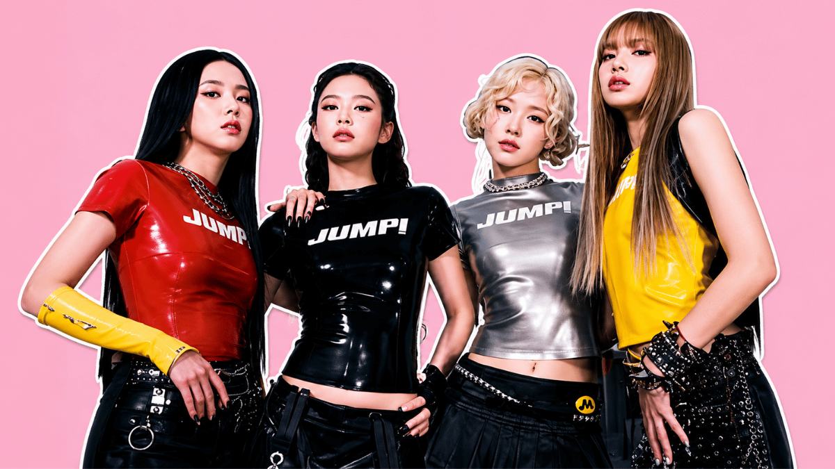 BLACKPINK members posing in colorful outfits against a pastel pink backdrop