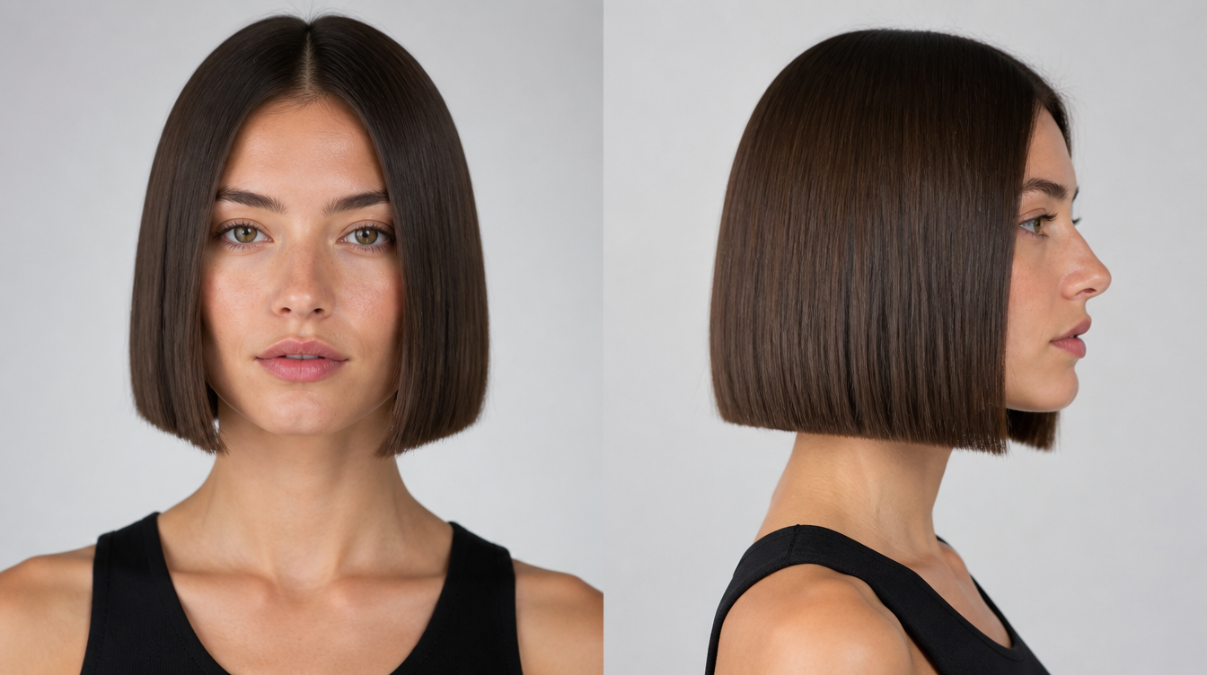 Woman with a heart-shaped face wearing a sleek blunt mid-length haircut with straight, even ends and no layers.