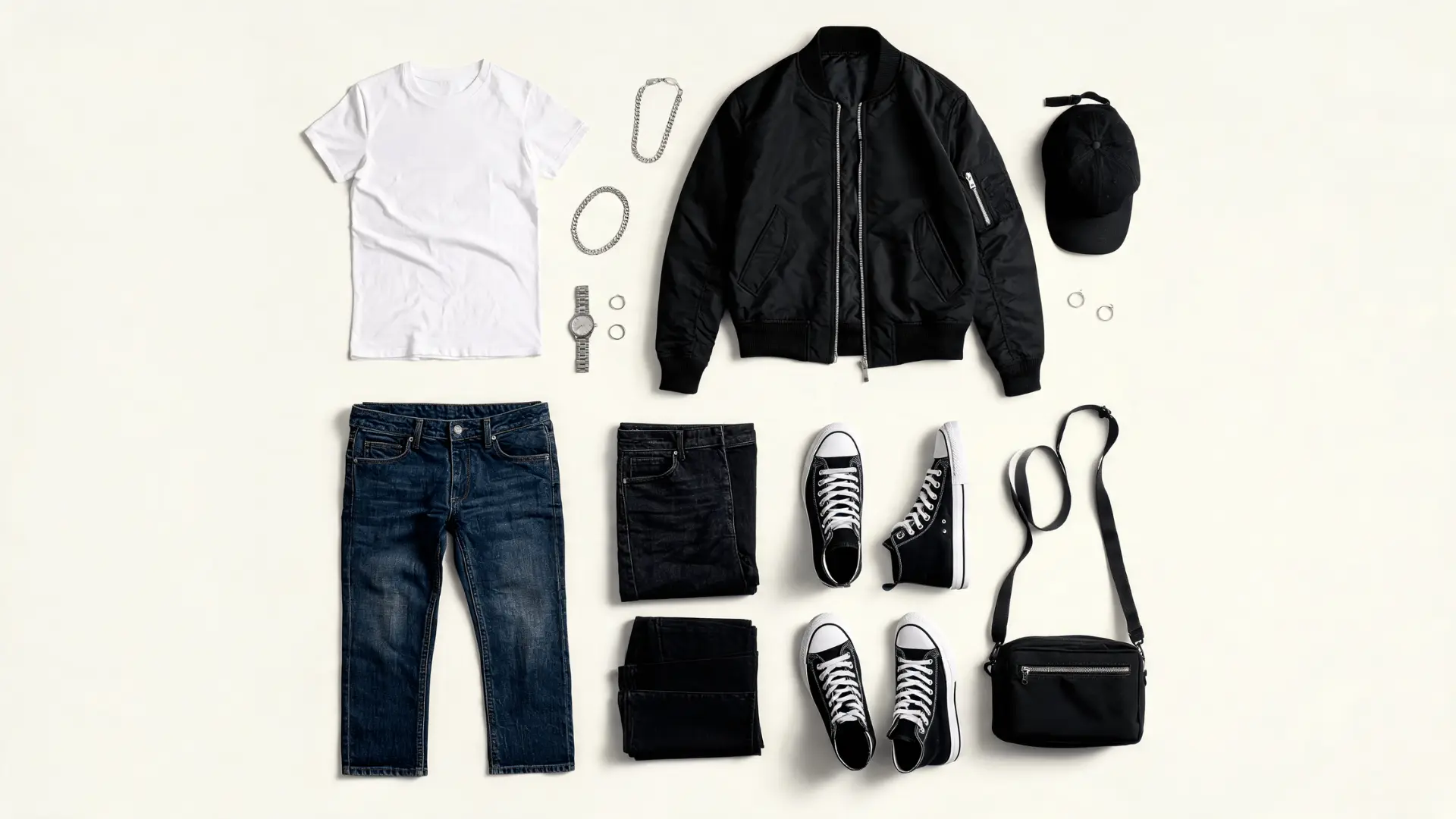 plain fitted tee open bomber jacket slim jeans high top sneakers and crossbody bag in a flat lay outfit board