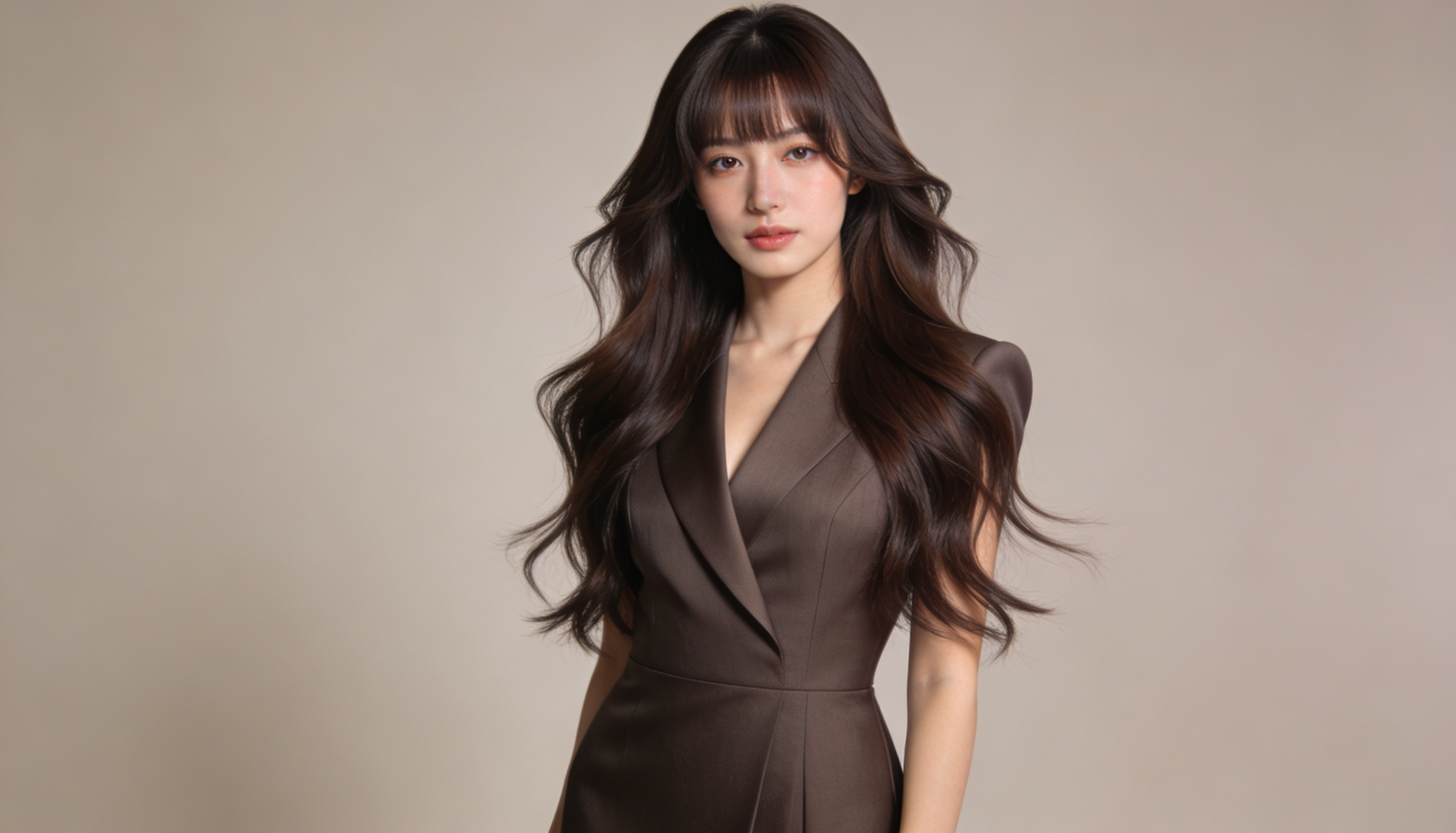 long layered hair and bottleneck bangs framing eyes and cheekbones with a soft, modern finish.