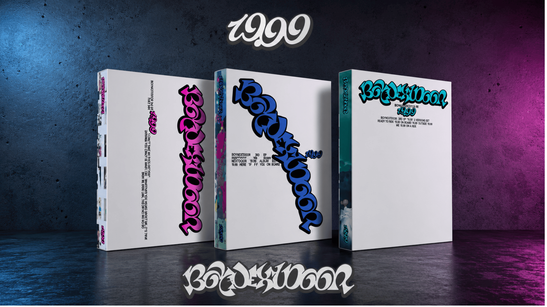 hree BOYNEXTDOOR 19.99 album versions displayed against a dark studio background.