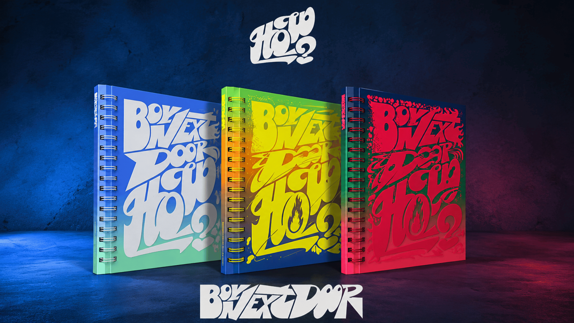Three colorful BOYNEXTDOOR HOW album versions displayed