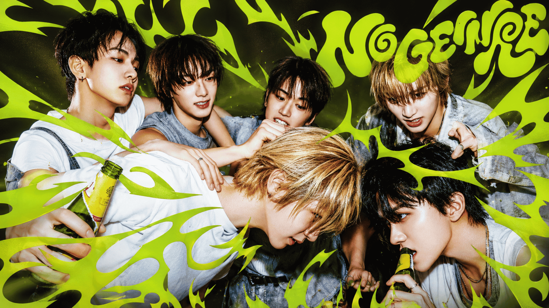 BOYNEXTDOOR members posing together with neon green graphics for No Genre.