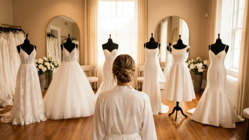 Bride comparing several wedding dress silhouettes inside a warm modern bridal boutique