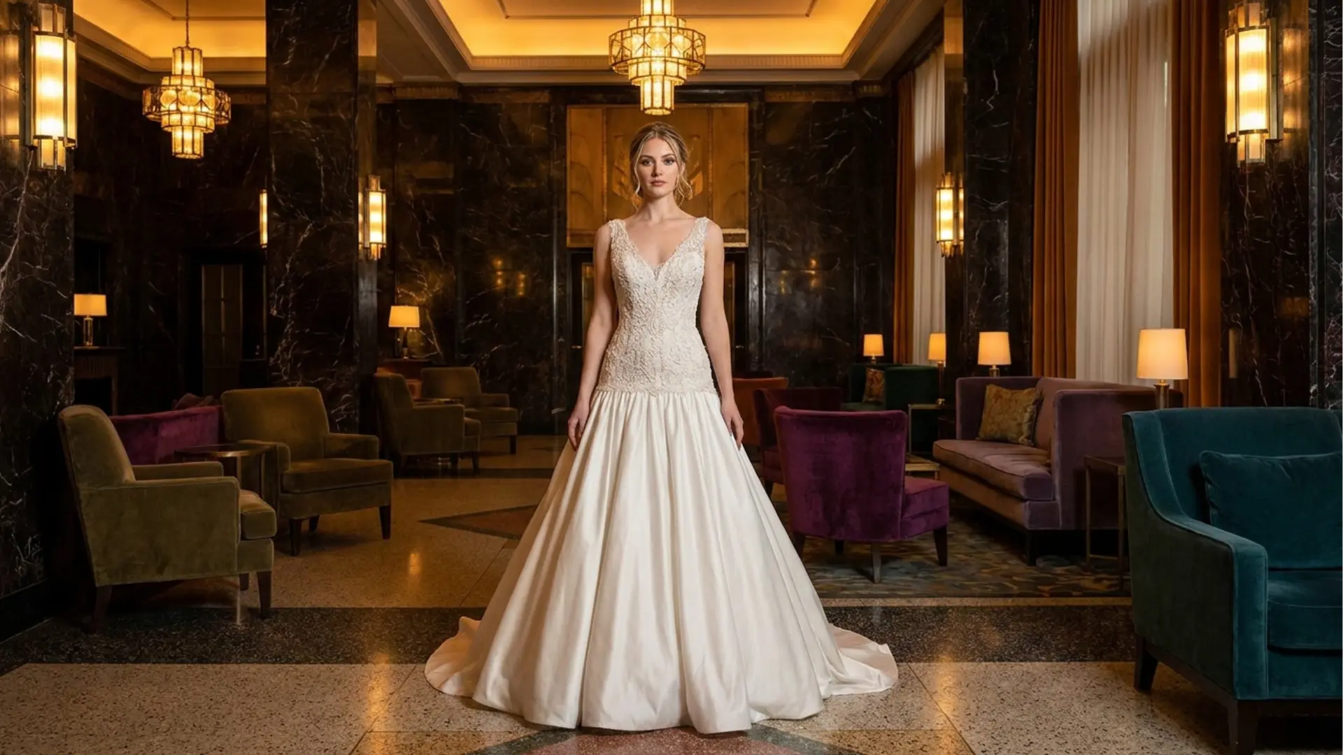 Bride in a drop waist wedding dress posing inside a warm art deco hotel lobby