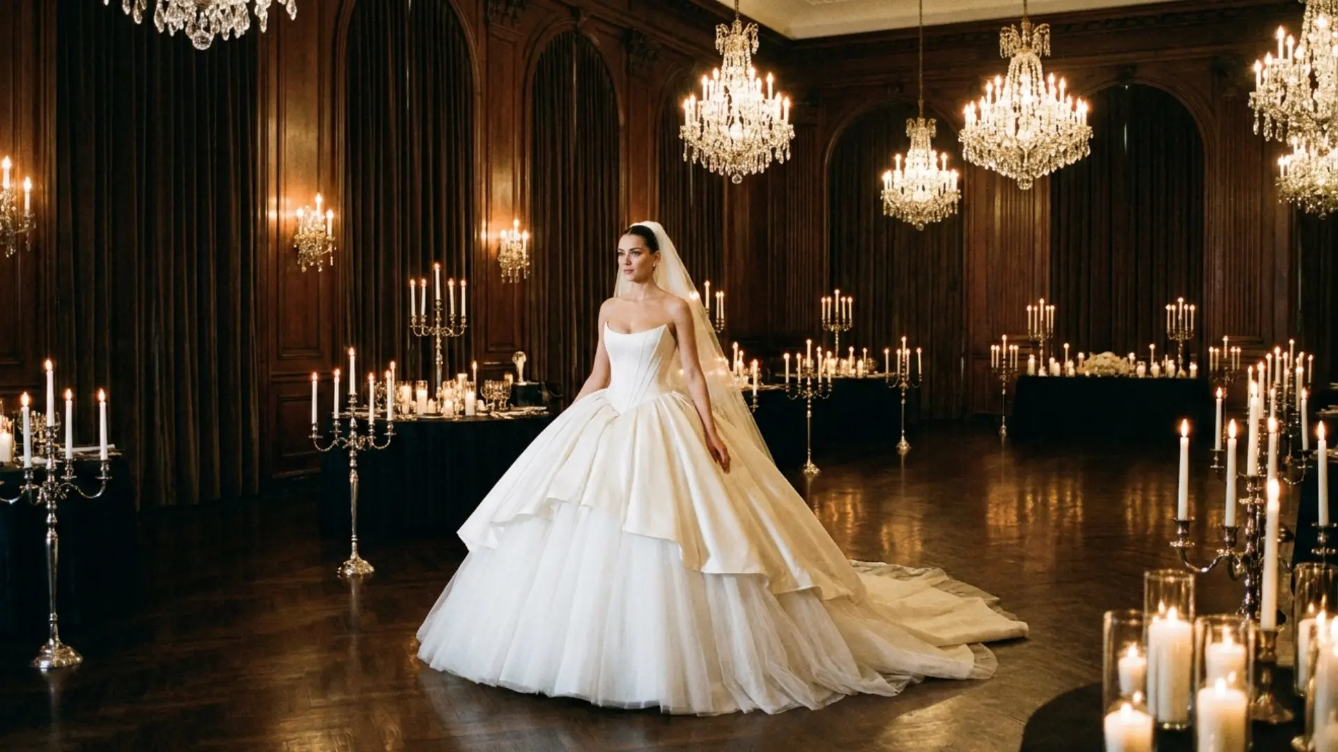 Bride in a full ball gown standing inside a grand candlelit wedding ballroom